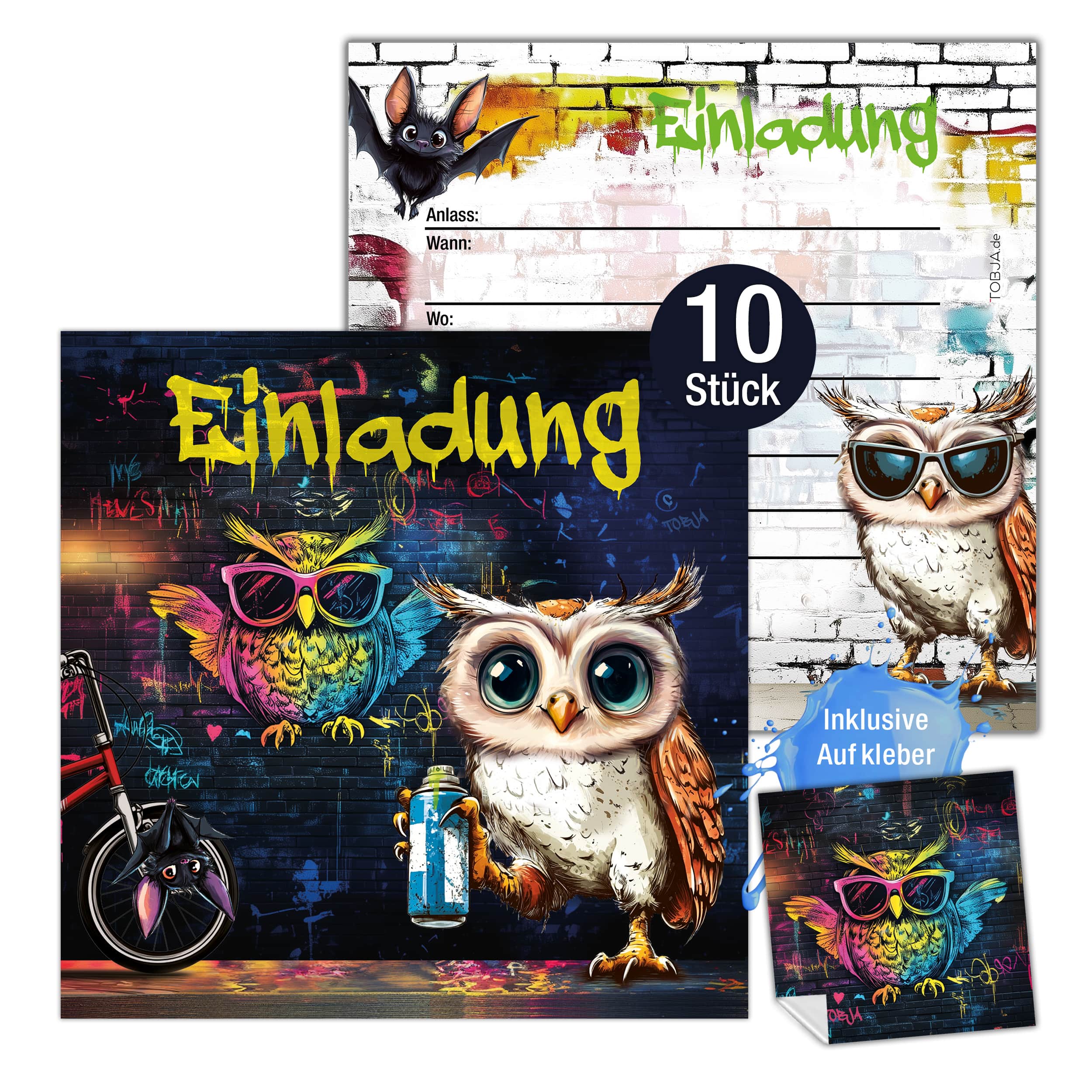 Einladungskarten Eule Graffiti inkl. Sticker 10er Set Einladungskarten Eule Graffiti inkl. Sticker 10er Set