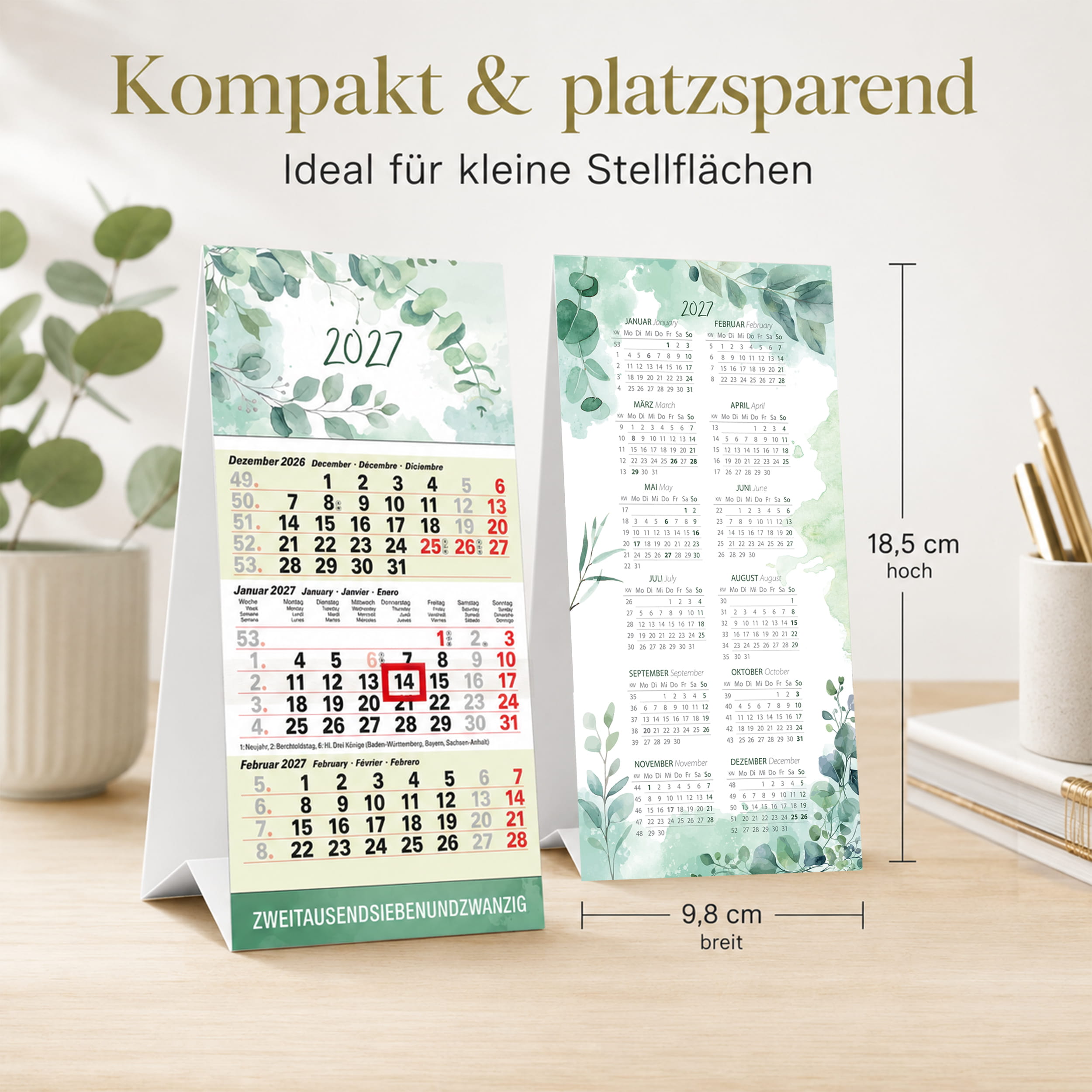 Tischkalender 2027 Eukalyptus – 3 Monatskalender