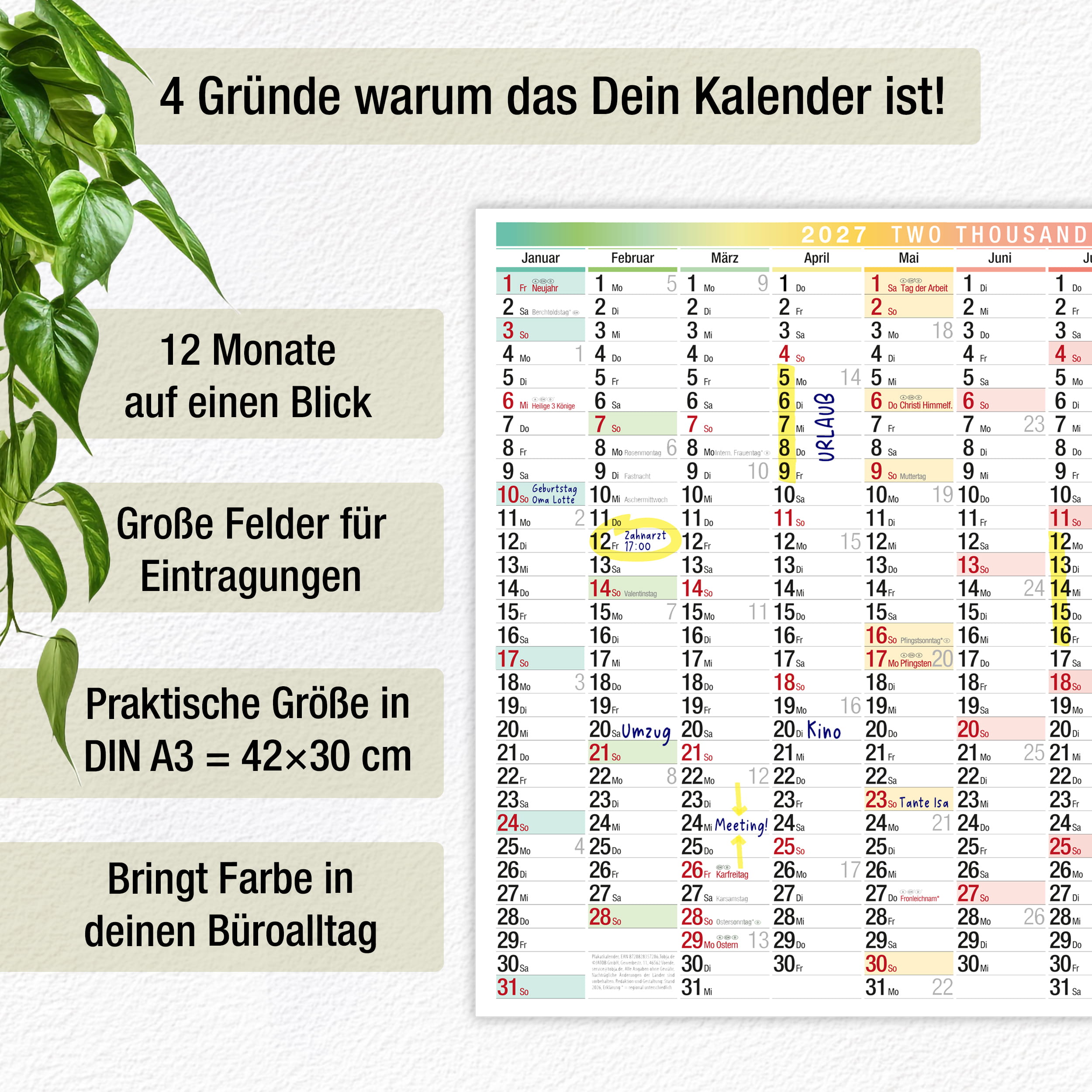 Wandkalender 2027 A3 Bunt Regenbogen