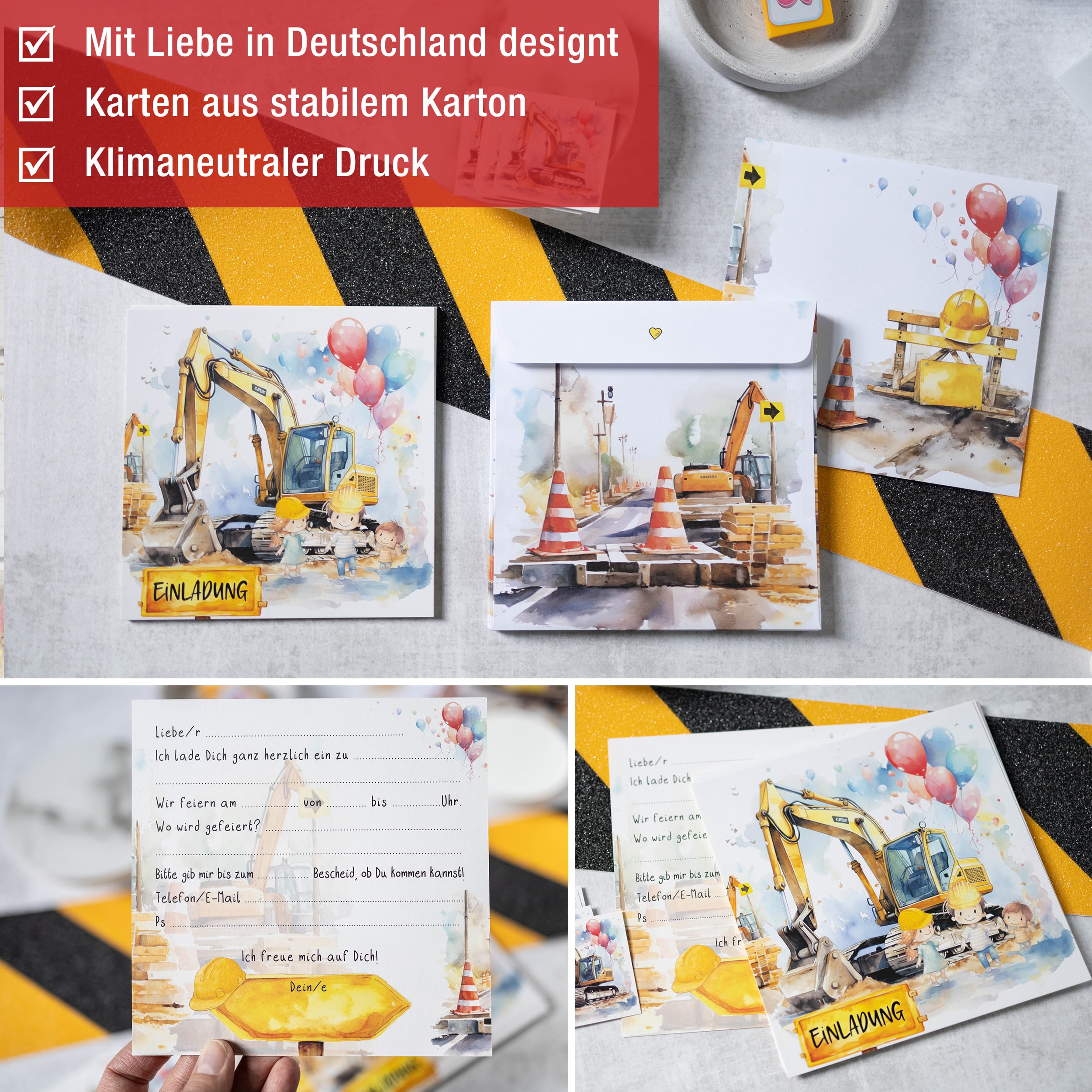 Einladungskarten Bagger inkl. Sticker 10er Set