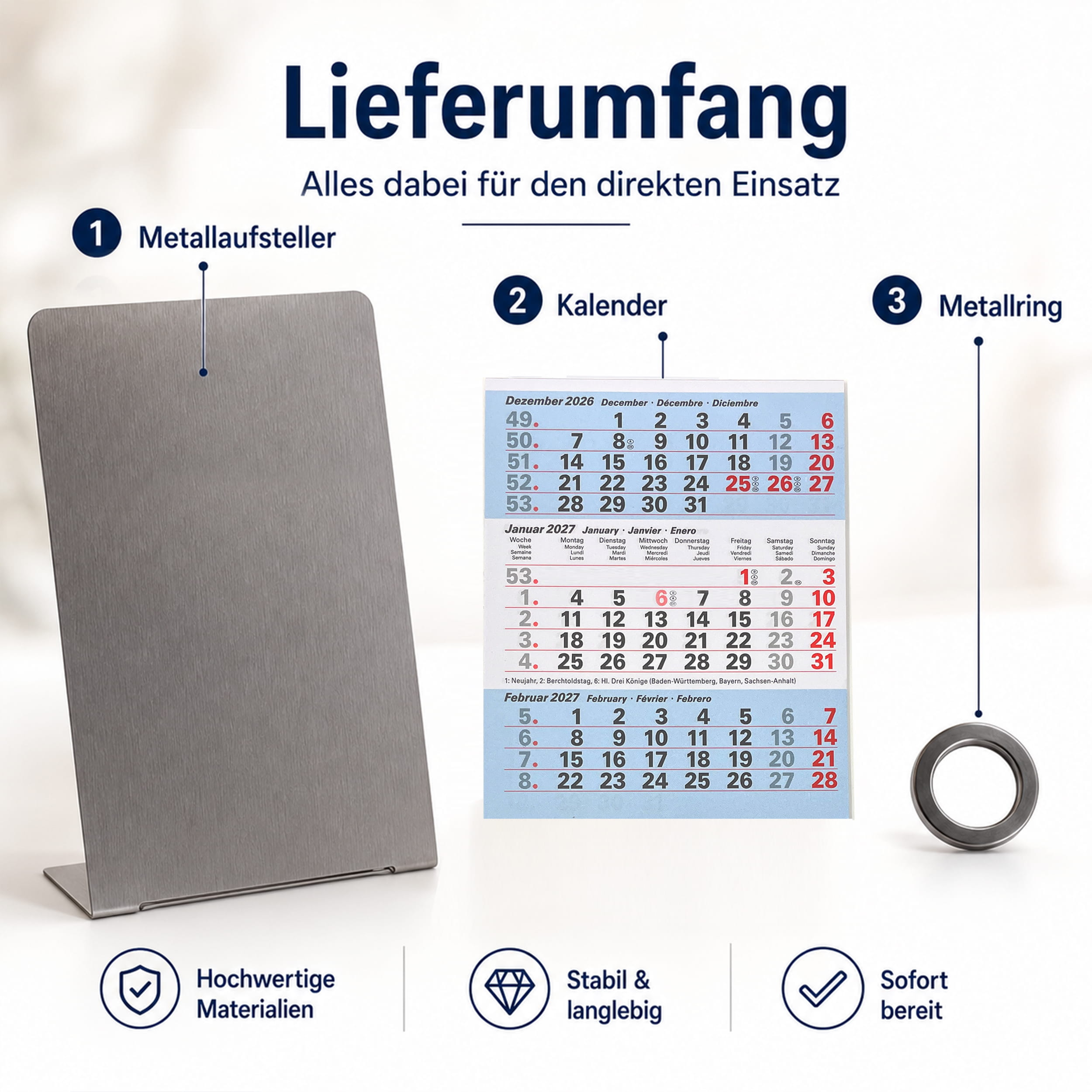 Magnet-System Ice – Tischkalender 2027 mit Metallaufsteller