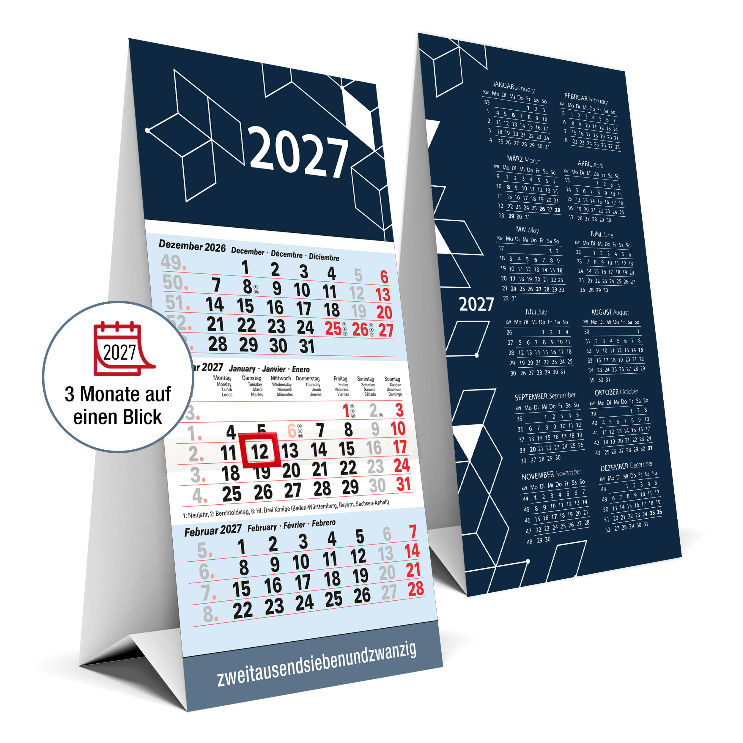 Tischkalender 2027 Cubes – 3 Monatskalender