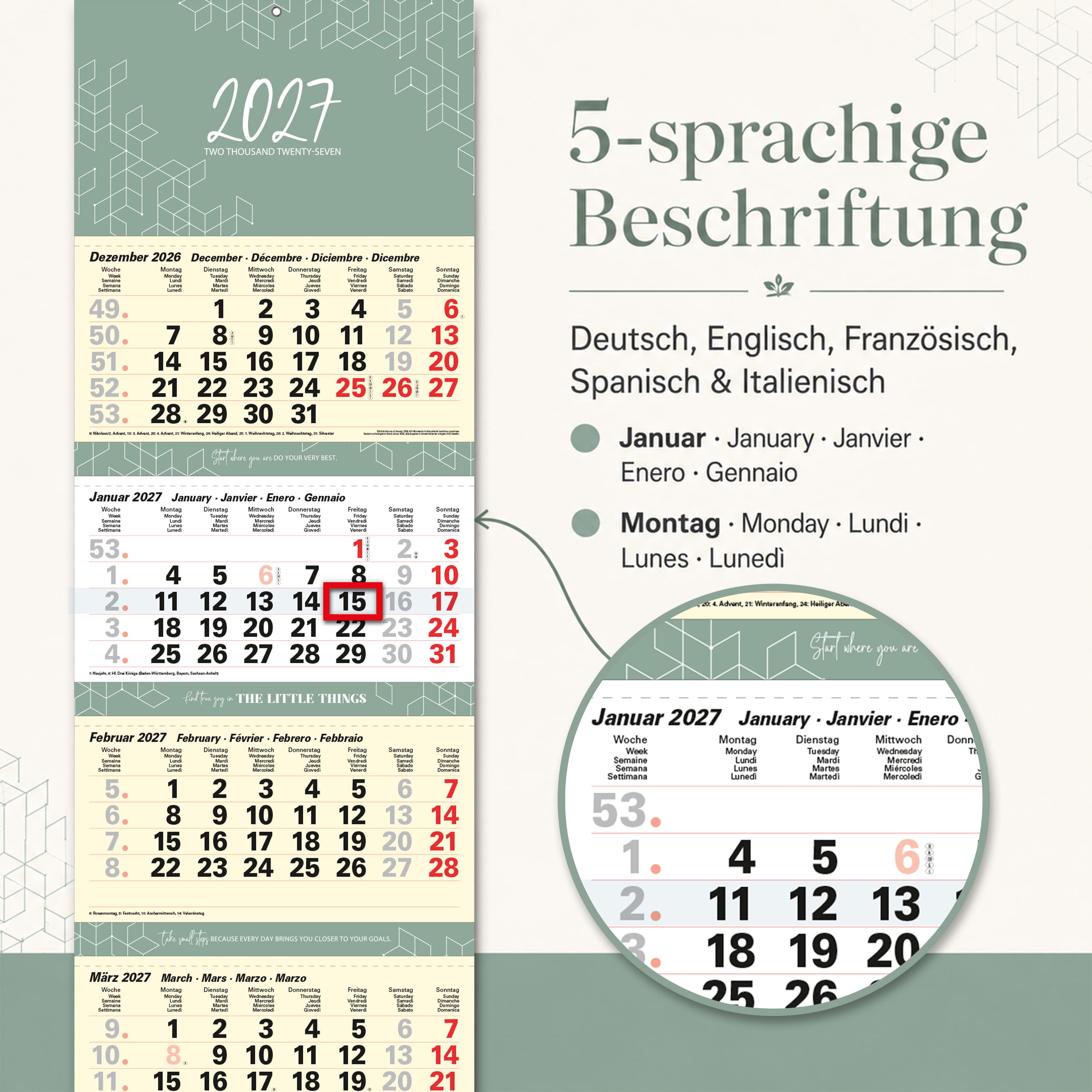 4-Monatskalender 2027 Little Things Salbeigrün
