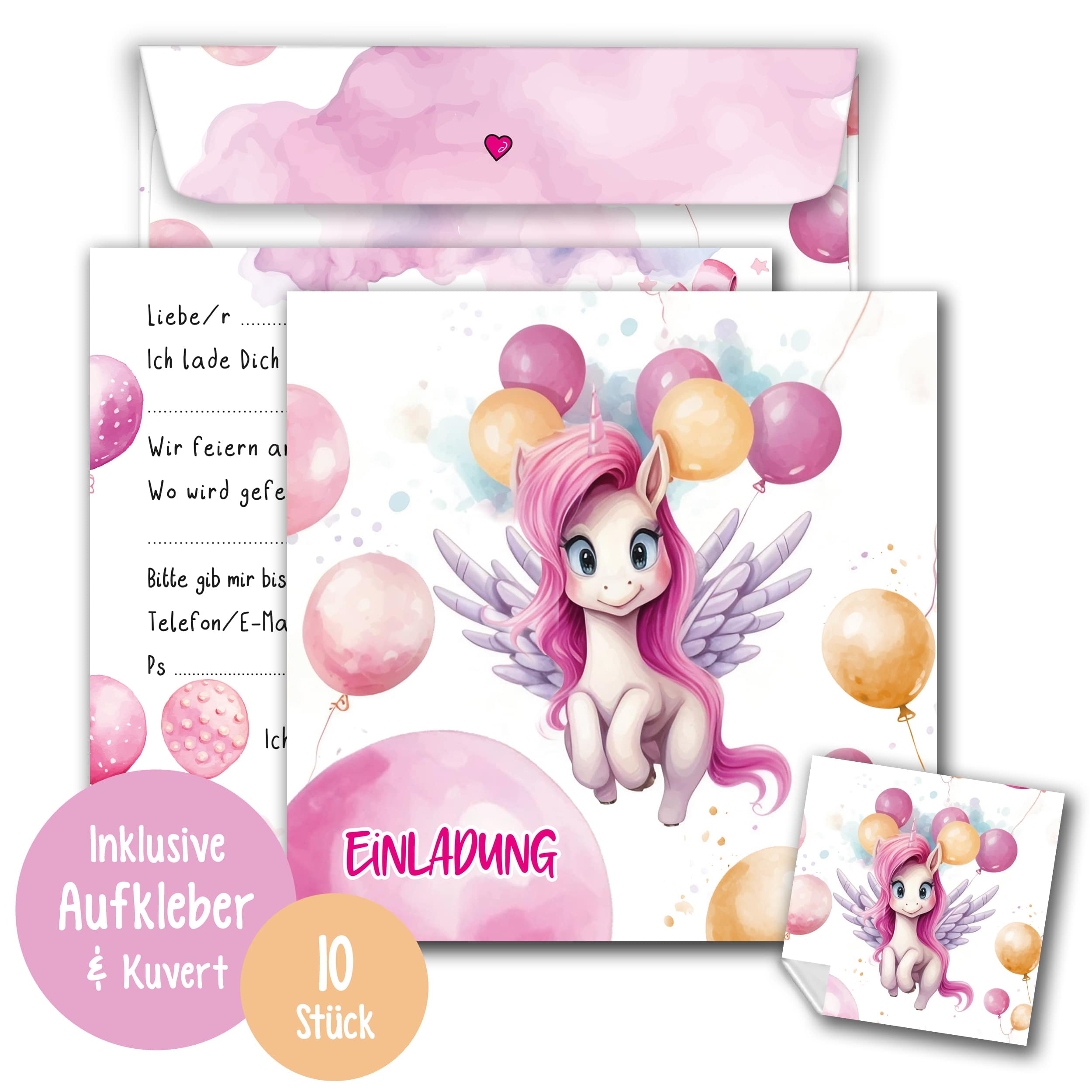 Einladungskarten Einhorn inkl. Sticker 10er Set Einladungskarten Einhorn inkl. Sticker 10er Set