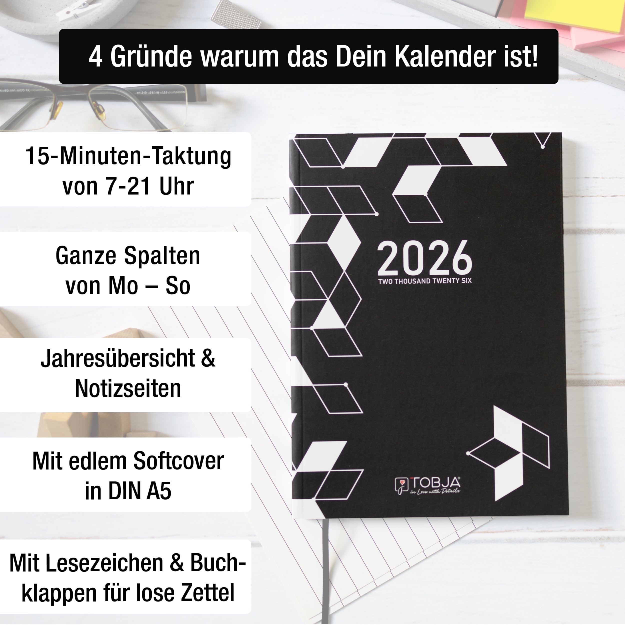 Taschenkalender 2026 A5 mit 15-Minuten-Taktung