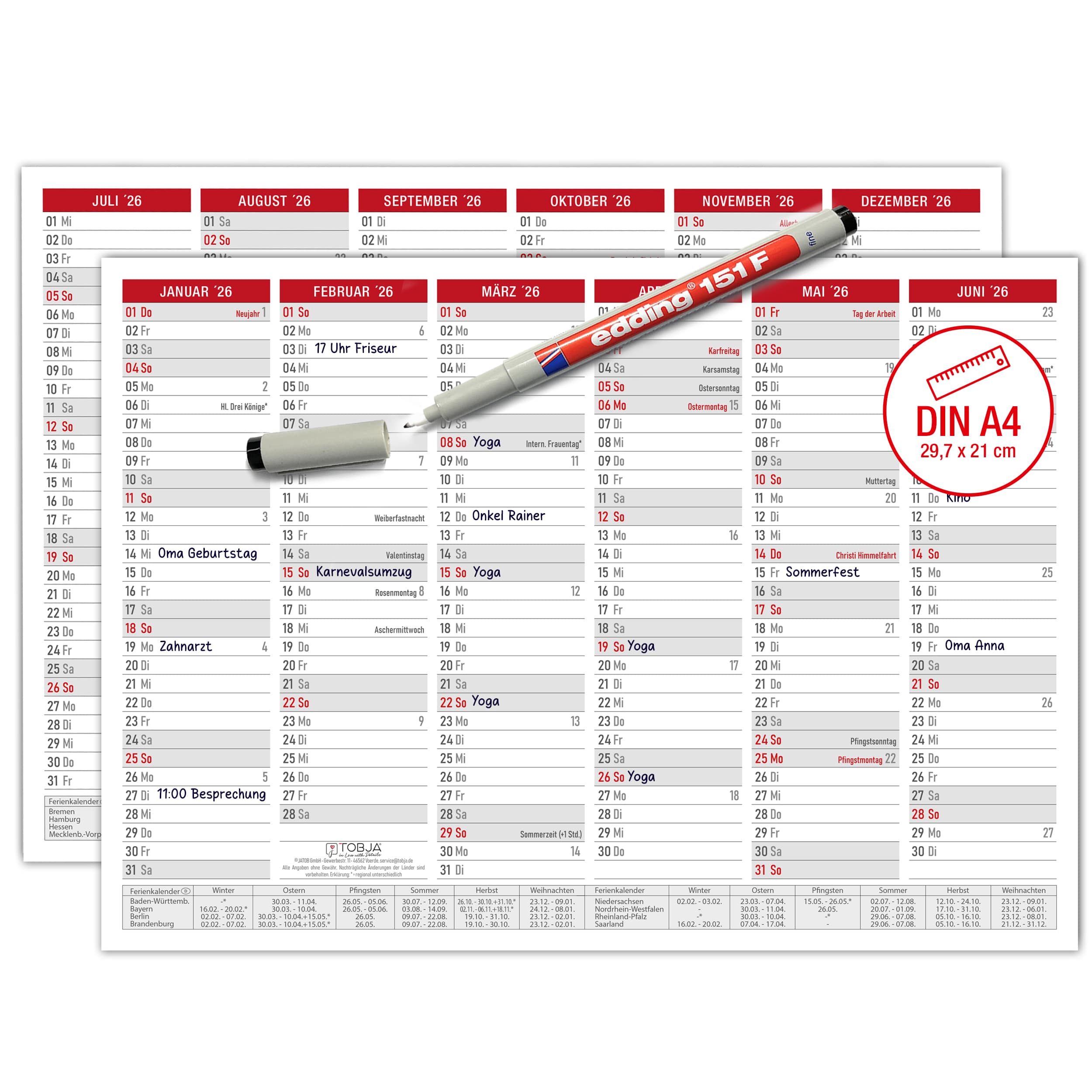 A4 abwischbar Tafelkalender ROT +1 Stift 2026 "Folie" Jahreskalender wiederbeschreibbar FSC