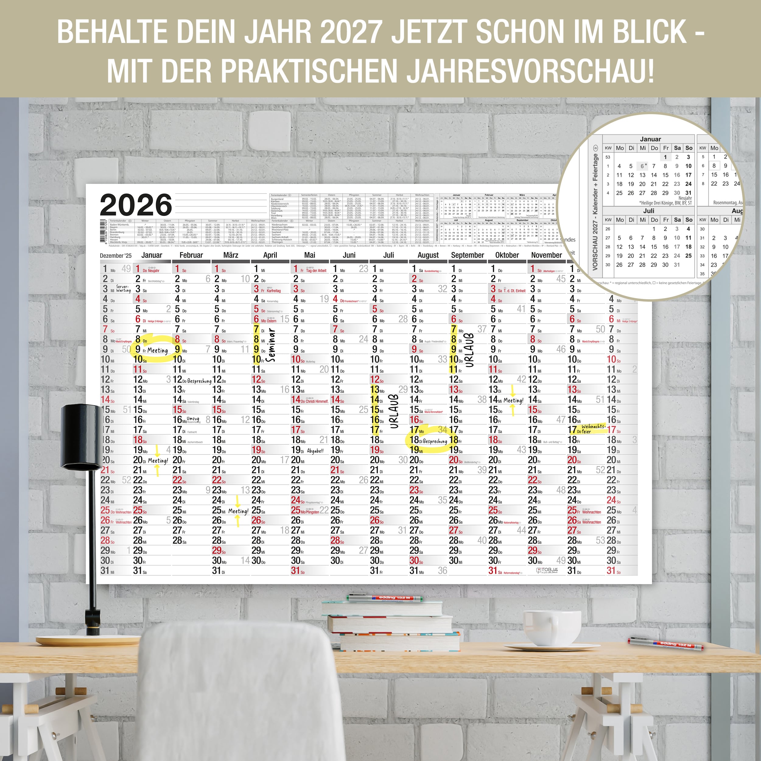 Abwischbarer Wandkalender 2025 A2 inkl. 1 Markenstift Abwischbarer Wandkalender 2026 A2 inkl. 1 Markenstift