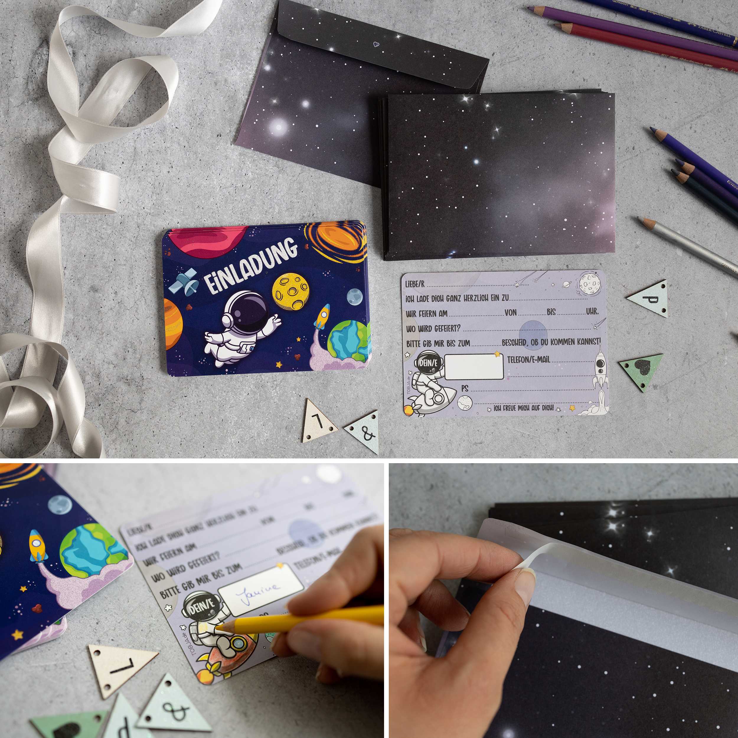 12 Einladungskarten inkl. Umschläge "Astronauten Party"