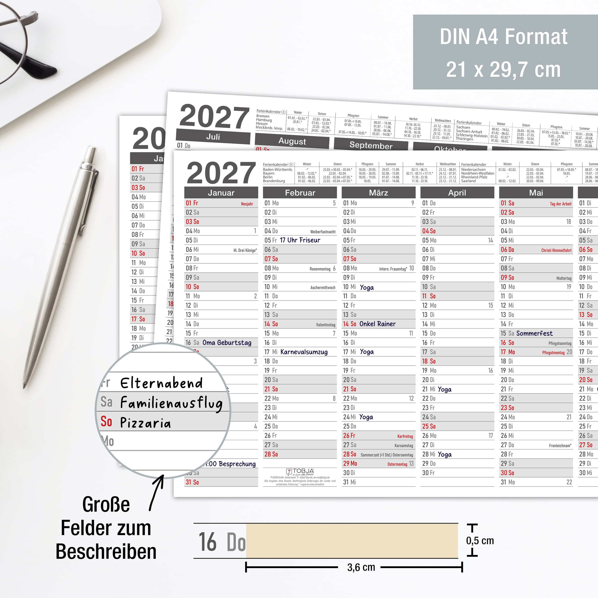 Tafelkalender 2027 bunt DIN A4 - 3er Set