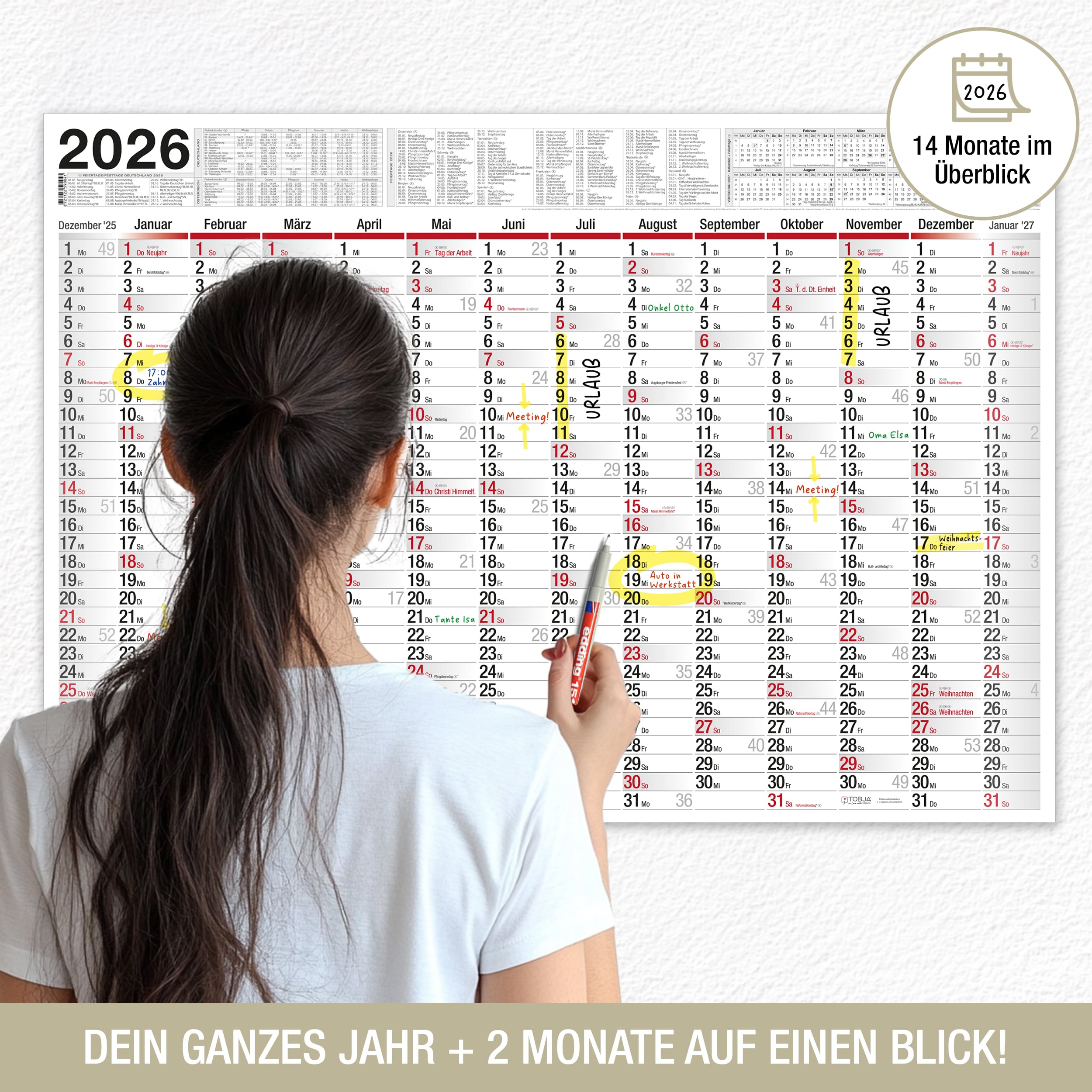 Wandkalender 2026 "Big Planer" [abwischbar] Kalender + 4 Stifte