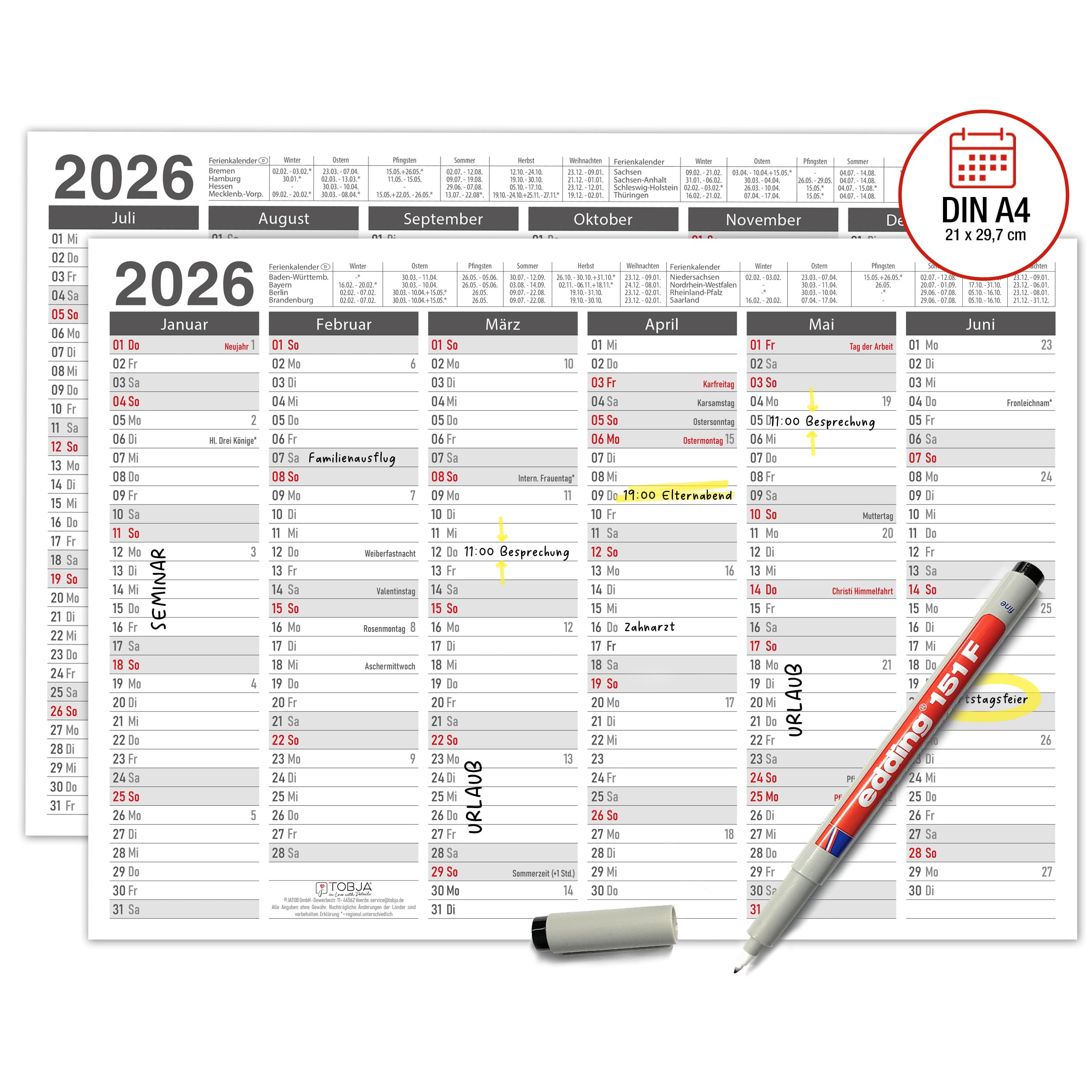 Abwischbarer A4 Tafelkalender 2026 "Grau"  Kalender inkl 1 Stift