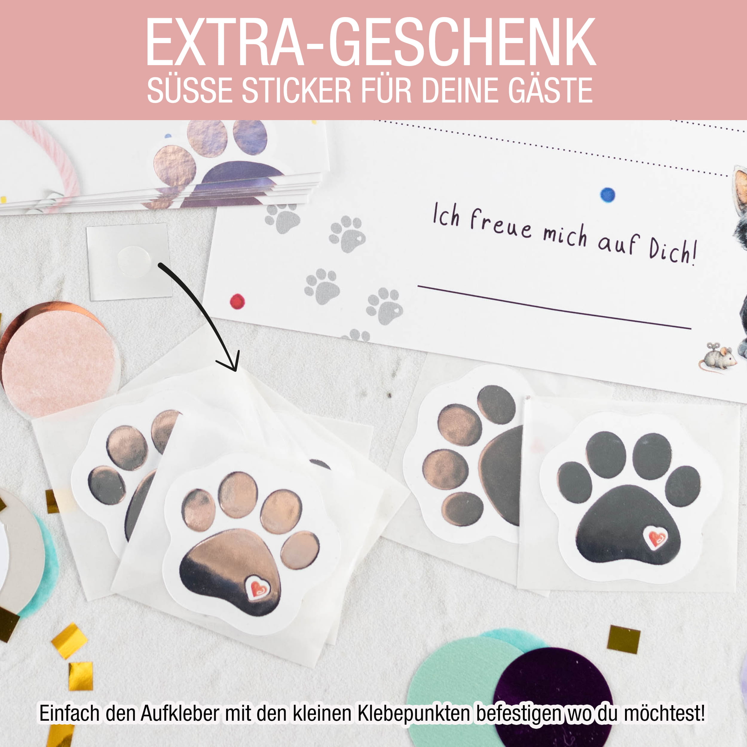XL Einladungskarten Katze Konfetti – 10er-Set mit Silberfolie-Stickern