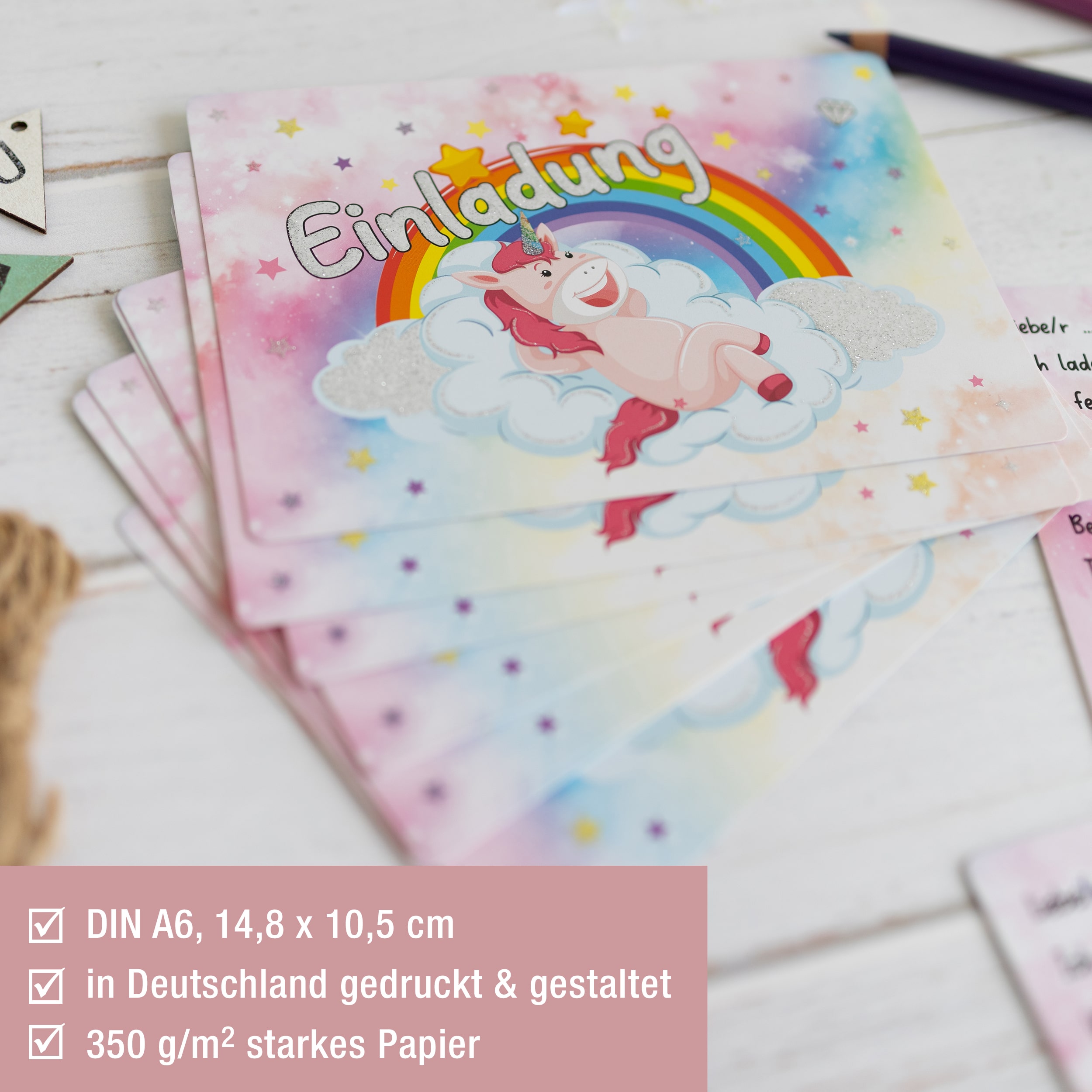 12 Einladungskarten inkl. Umschläge "Einhorn Party"