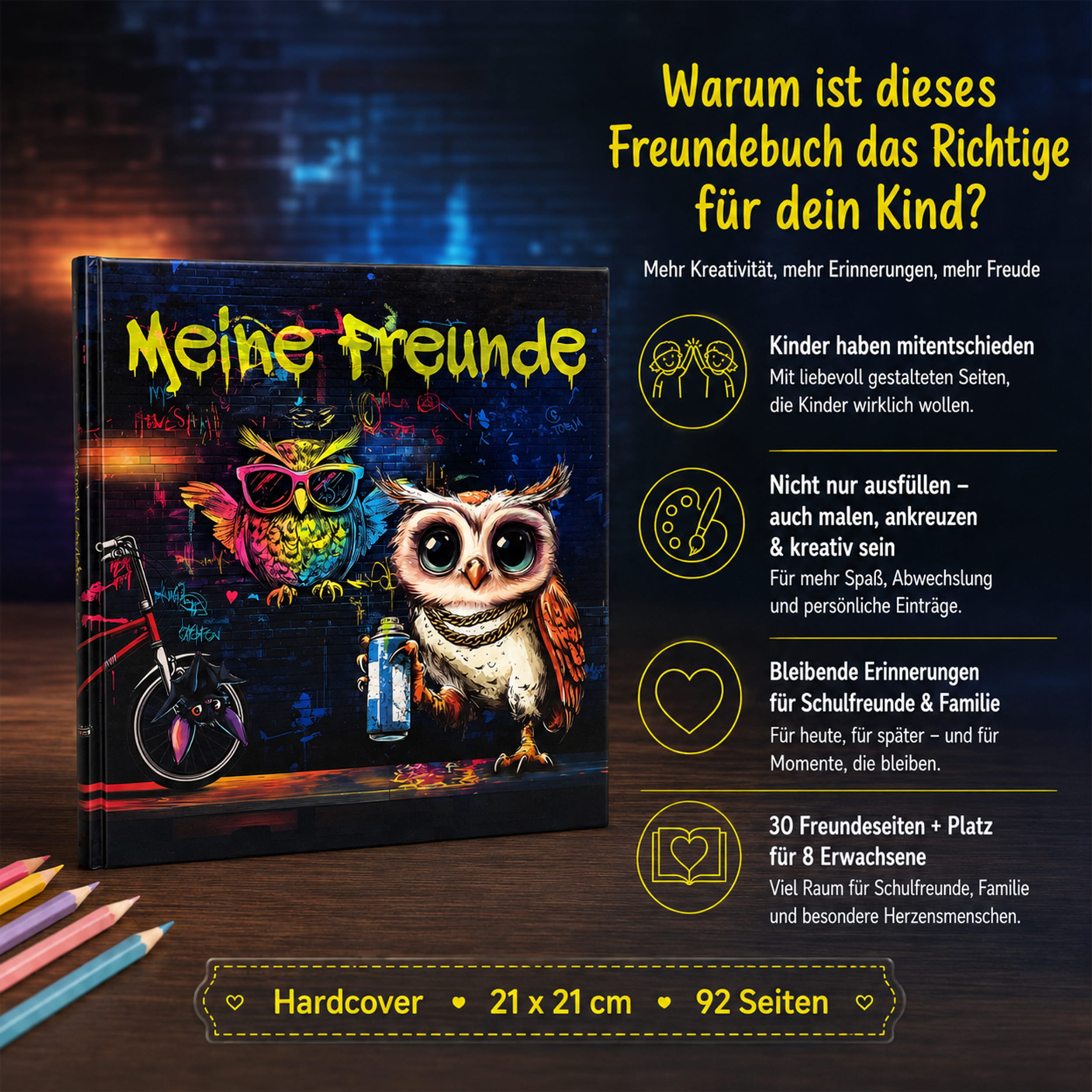 Freundebuch Grundschule Eule Graffiti – 21 x 21 cm Hardcover