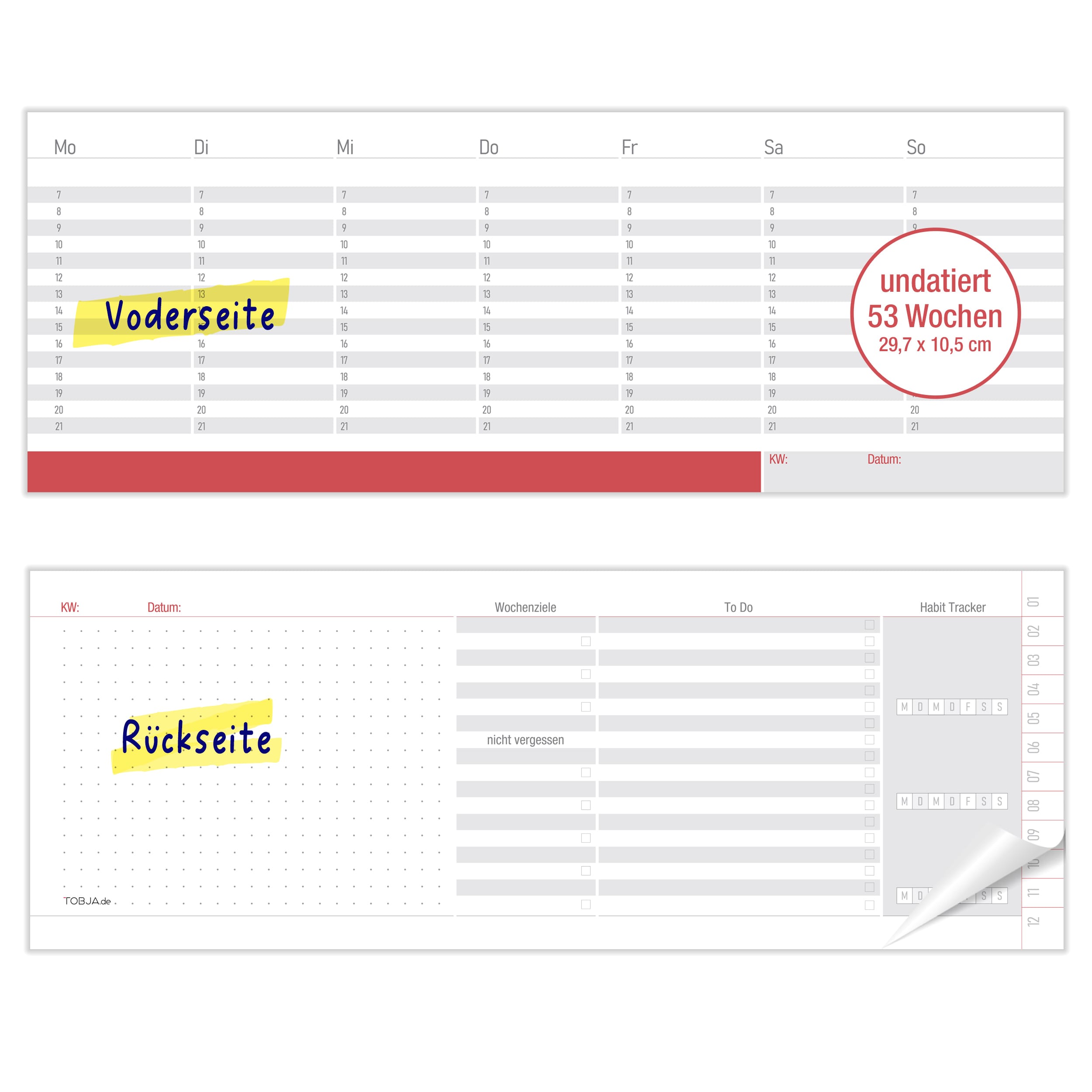 Roter Wochen-Tischkalender Block – 53 Seiten