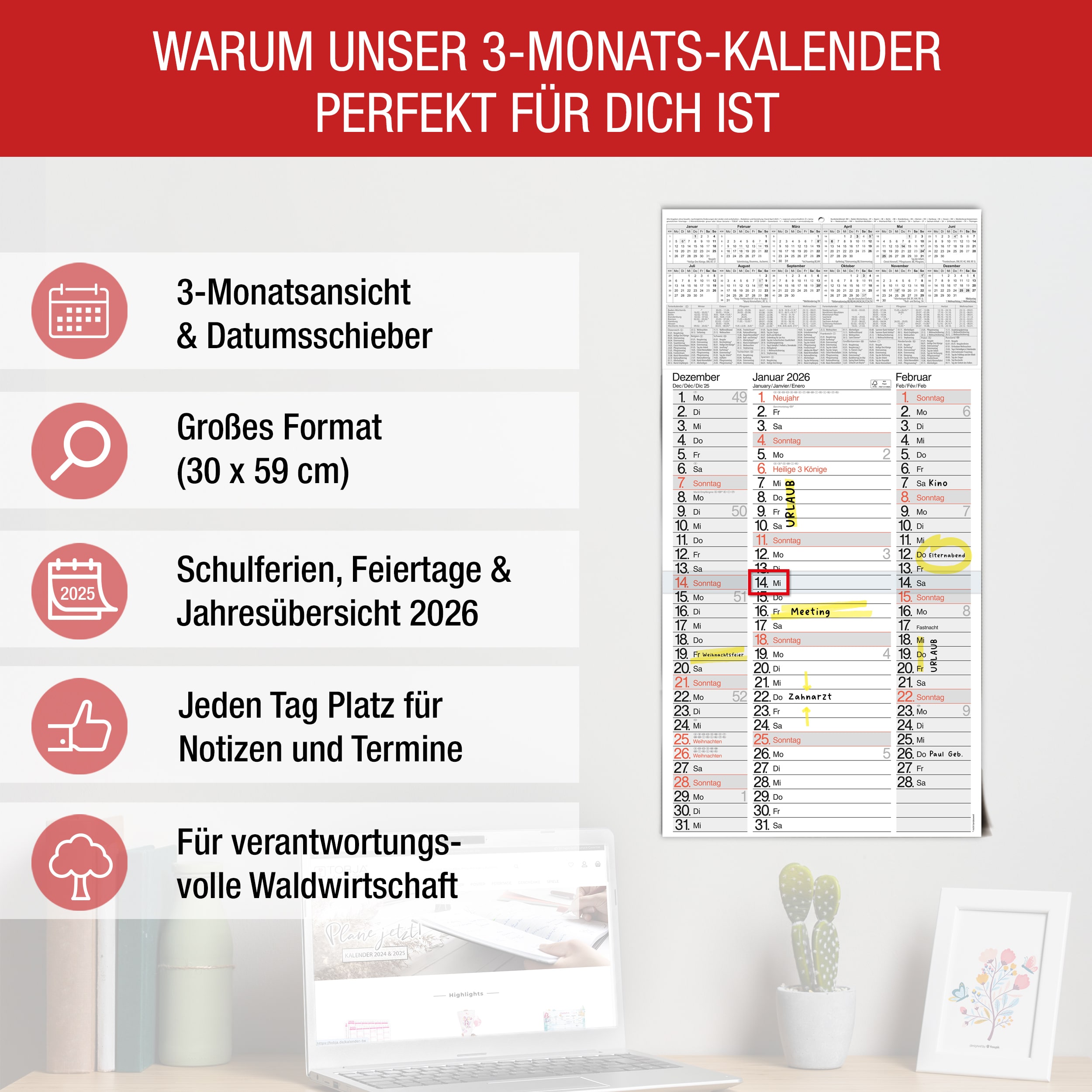 3-Monatskalender 2026 Nebeneinander 3-Monatskalender 2026 Nebeneinander