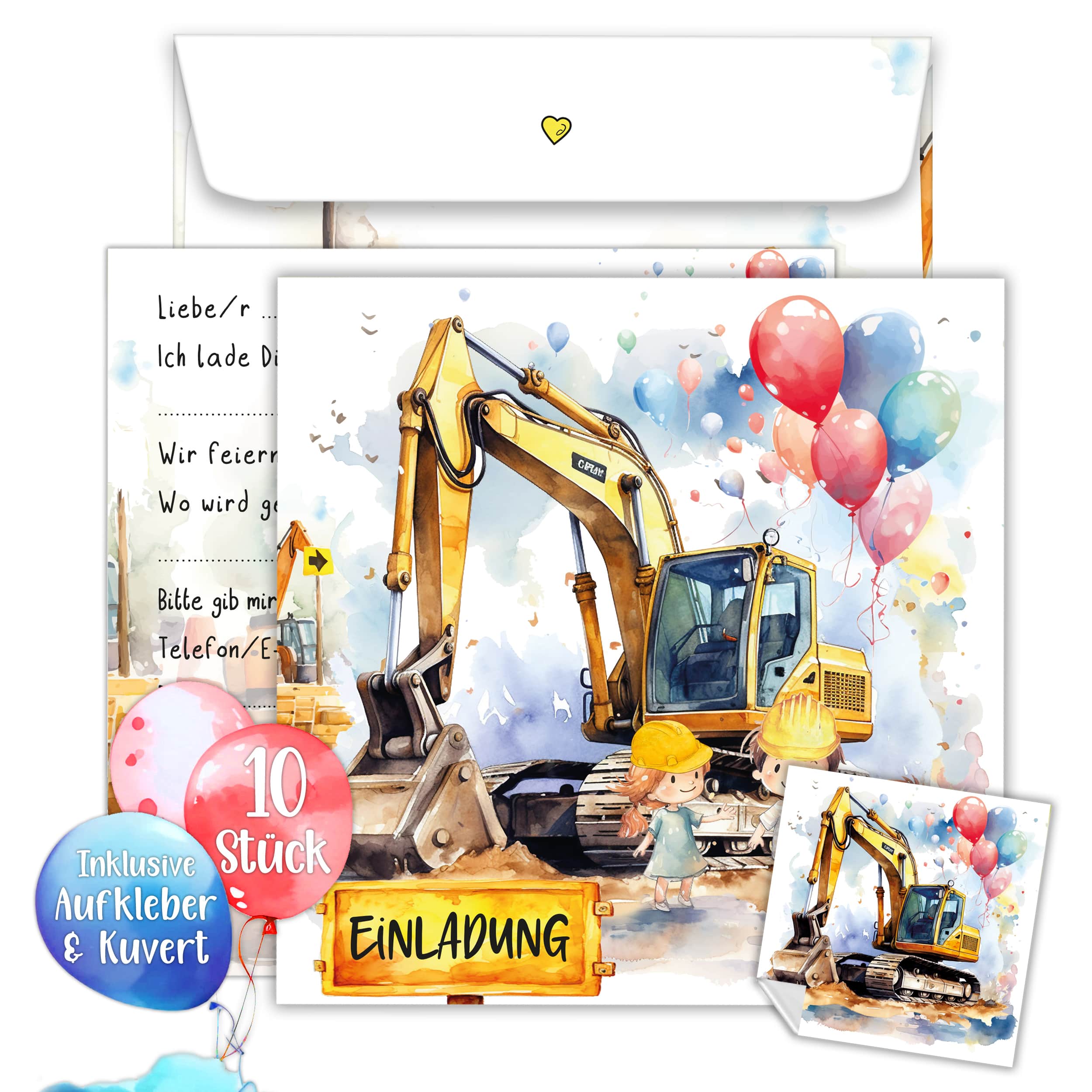 Einladungskarten Bagger inkl. Sticker 10er Set