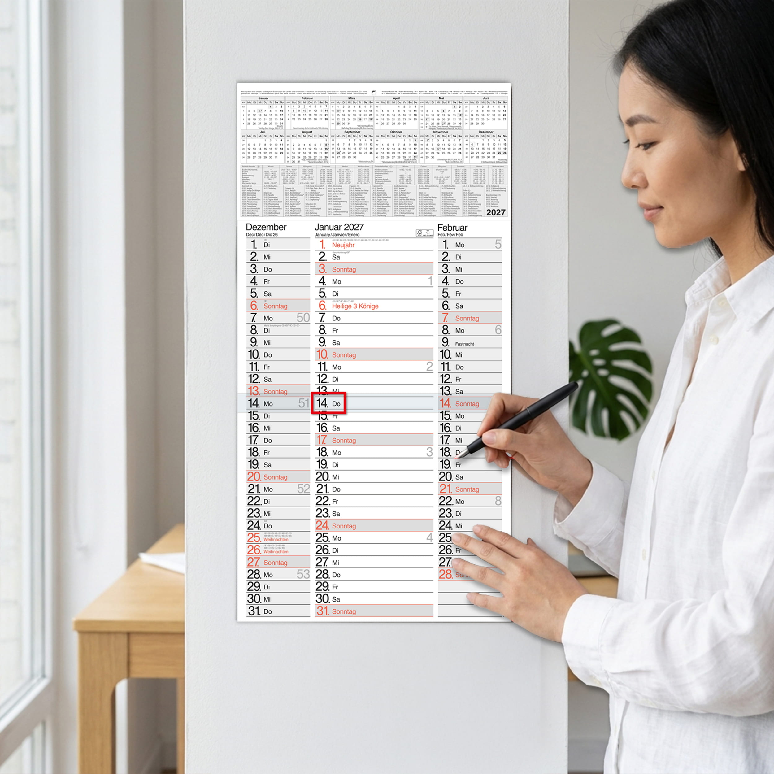 3-Monatskalender 2027 Nebeneinander