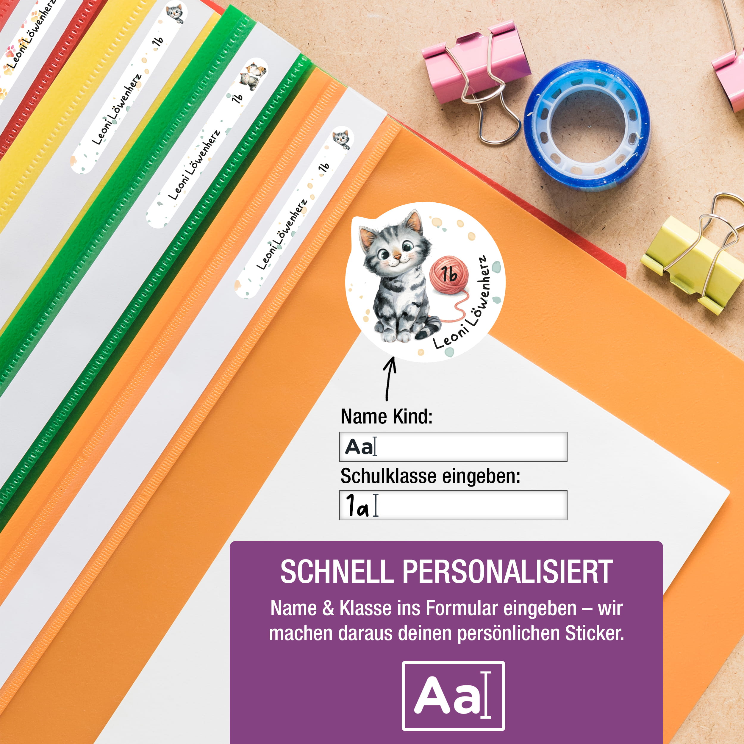 Namensaufkleber Kinder Schule personalisiert Katze