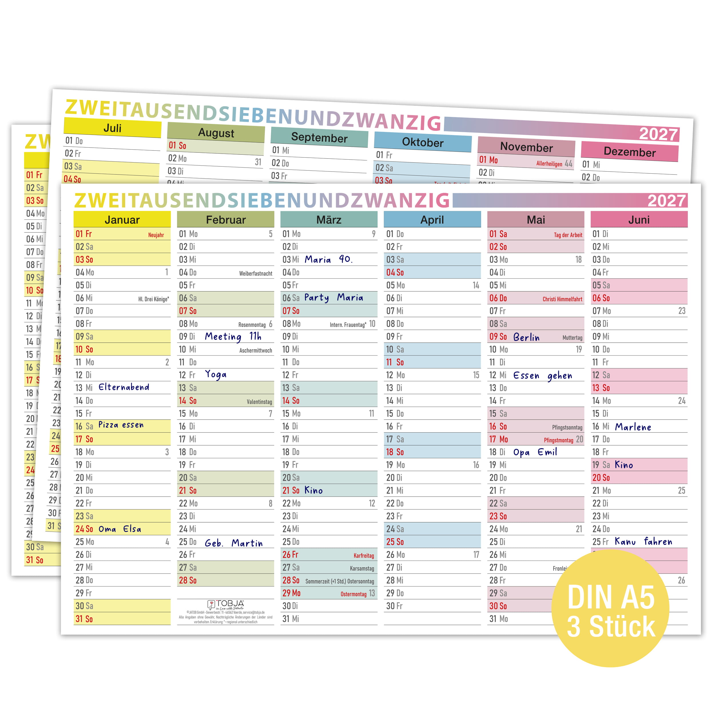 Tafelkalender 2027 A5 bunt - 3er Set