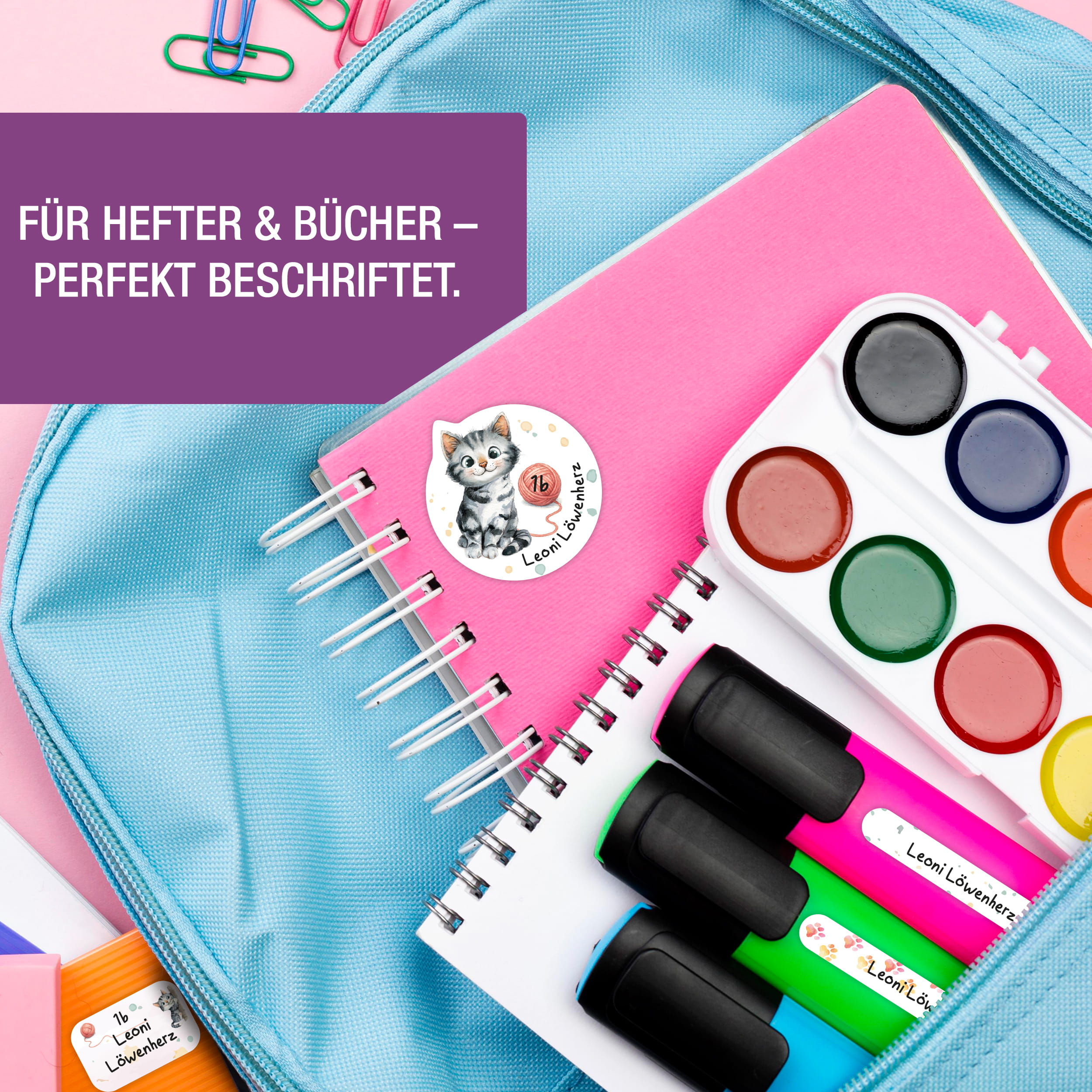 Namensaufkleber Kinder Schule personalisiert Katze