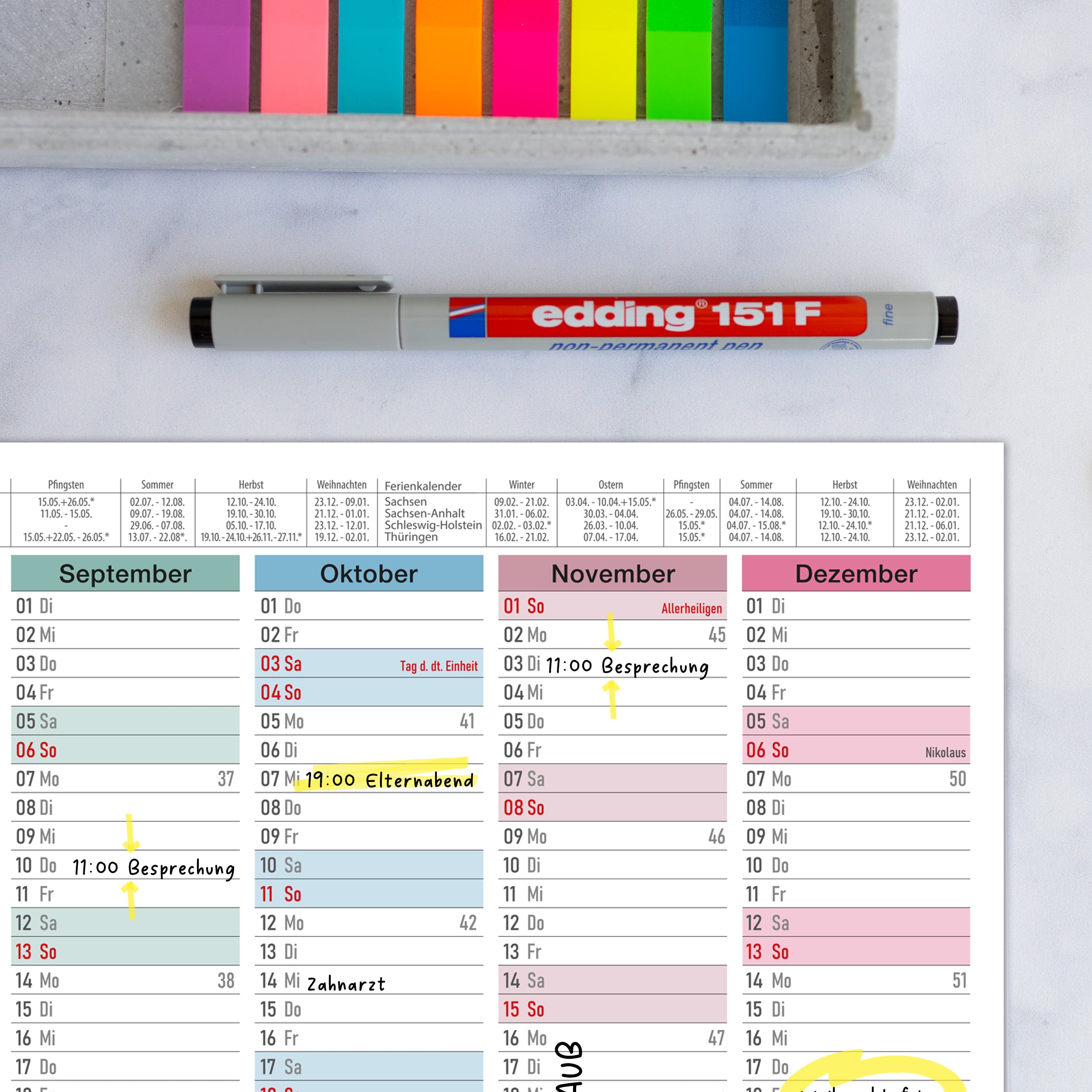 Abwischbarer A4 Tafelkalender 2026 "Bunt"  Kalender inkl 4 Stifte