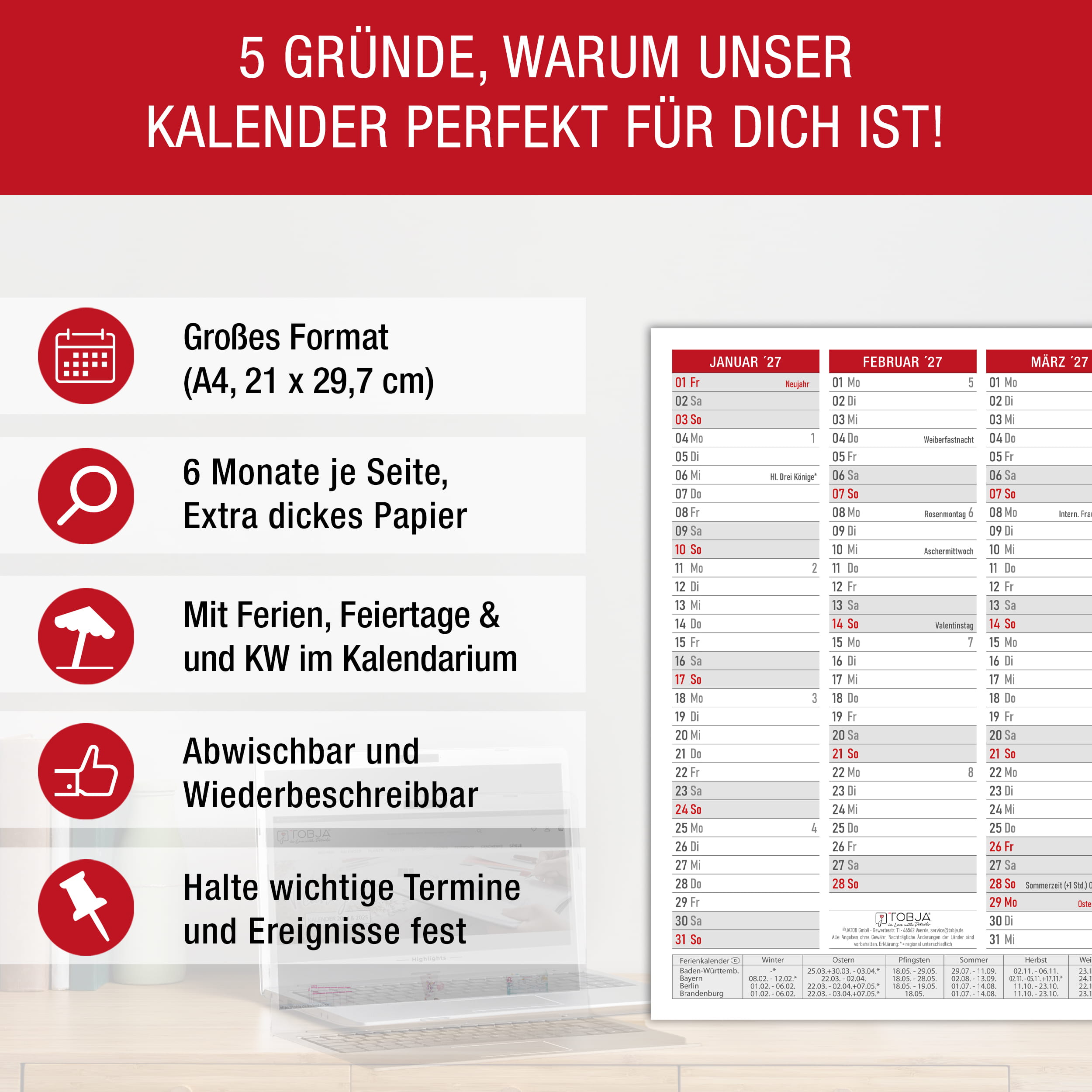 Abwischbarer A4 Tafelkalender 2026 "Rot"  Kalender inkl 1 Stift
