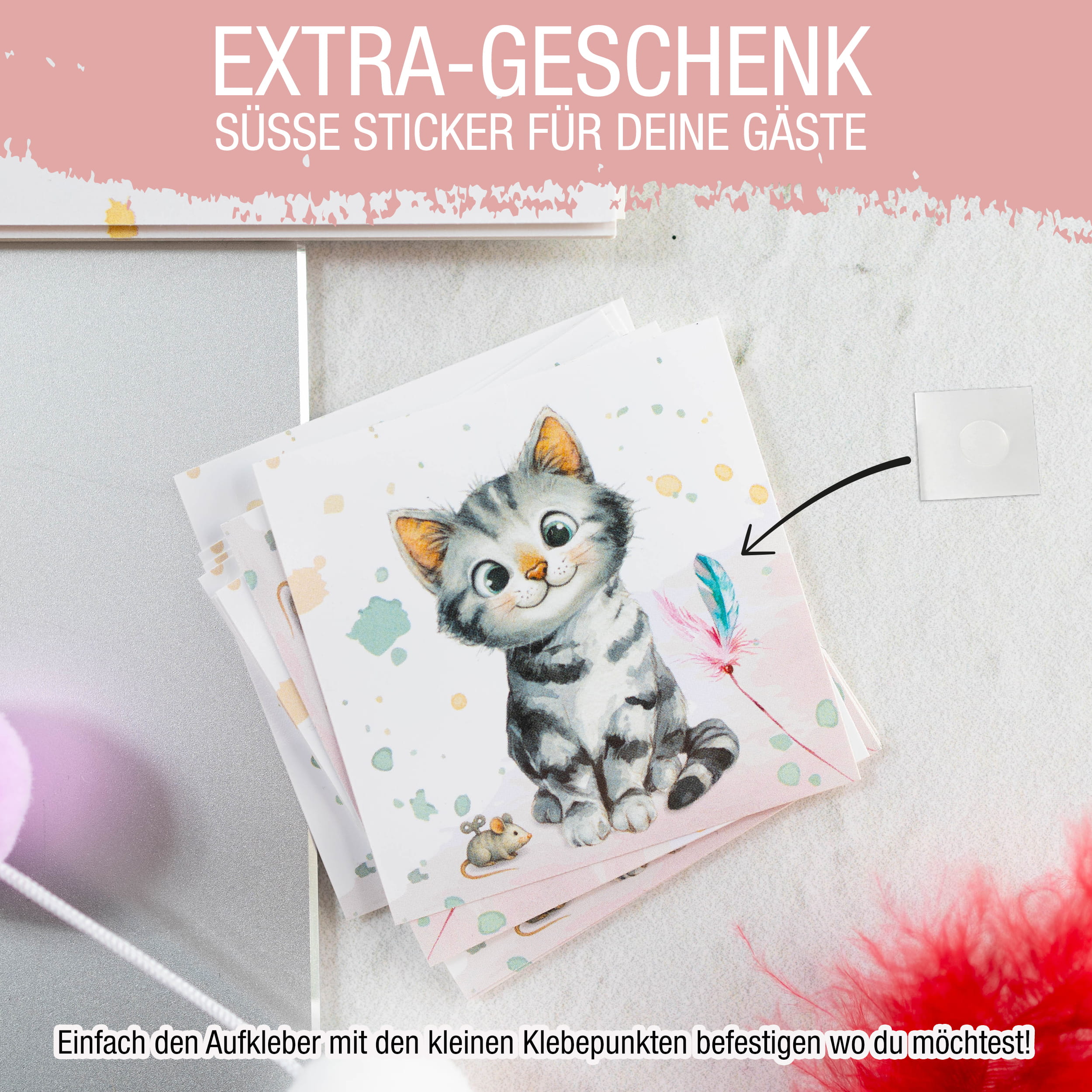 XXL Einladungskarten Katze – 10er-Set mit Stickern