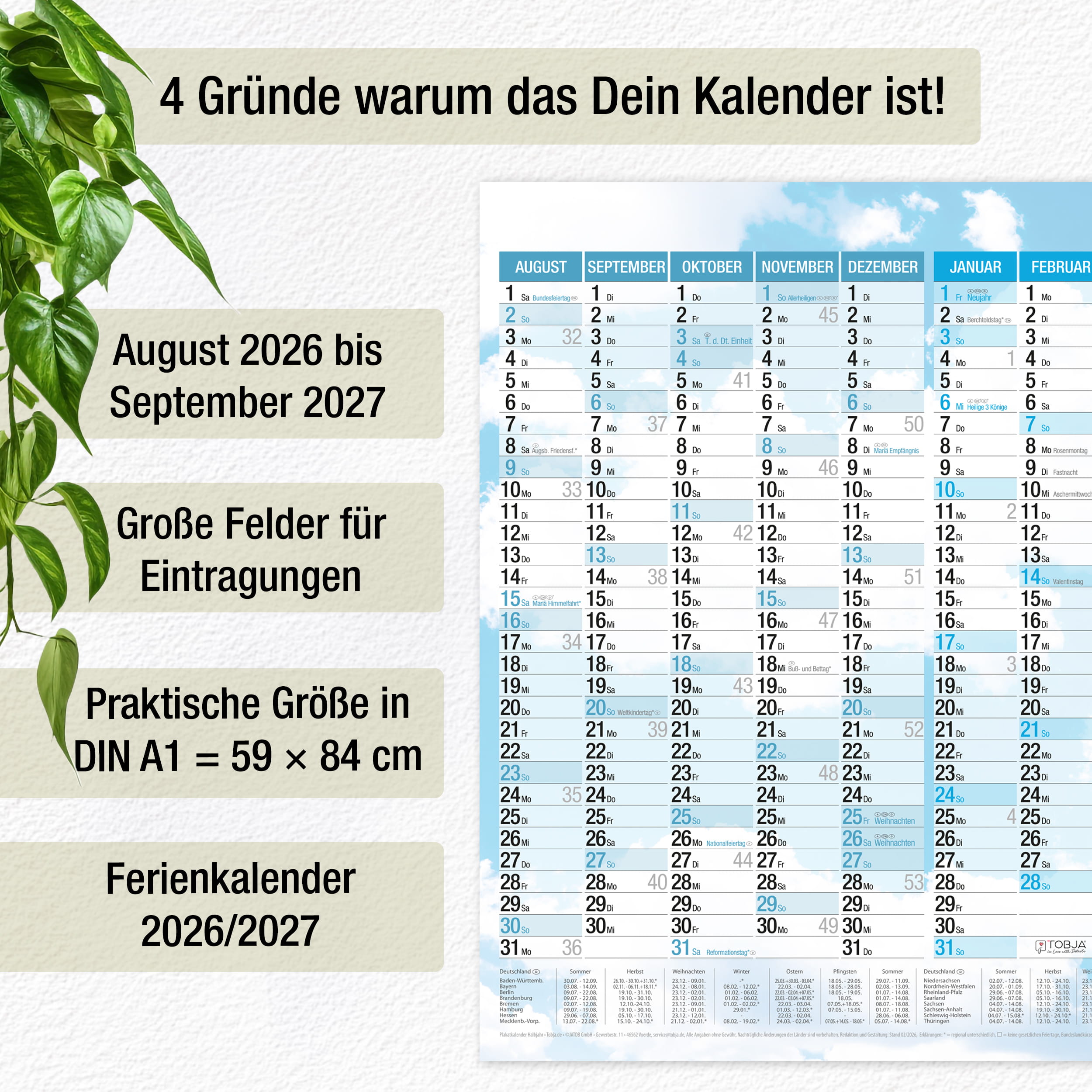 Schuljahreskalender A1 2026/2027 „Sky Blue“