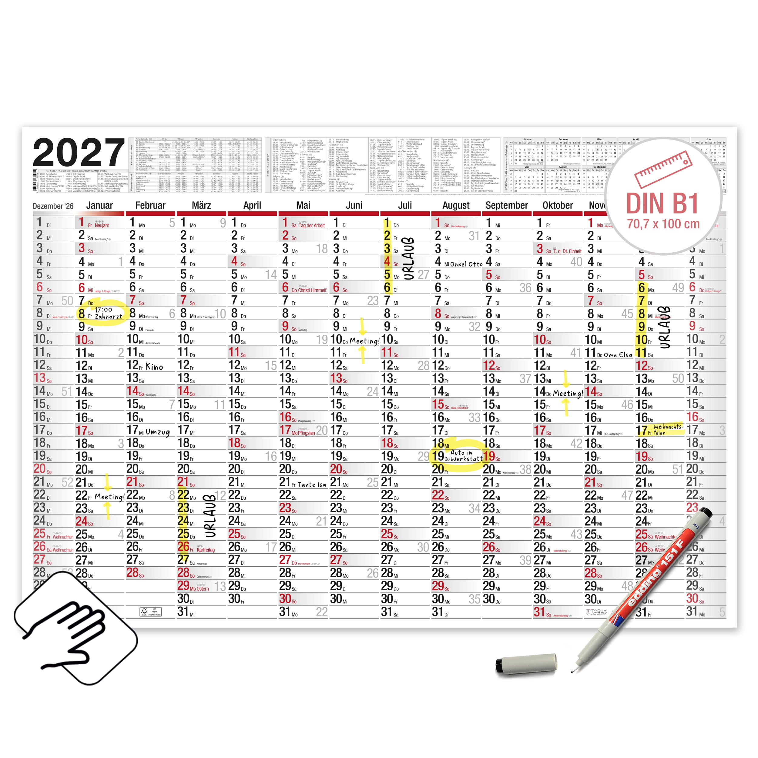 XXL Wandkalender 2026 1x Kalender abwischbar + 1 Stift