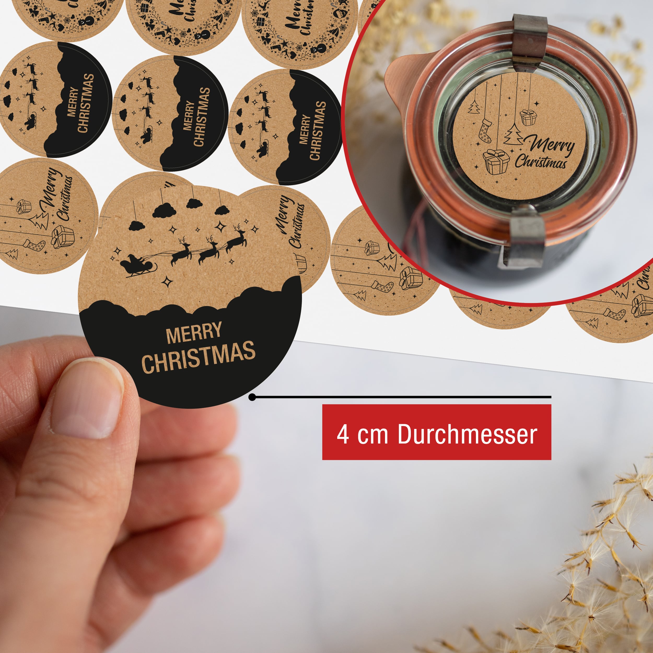 Sticker 4-er Set Bögen "Merry Christmas" Kraftpapier