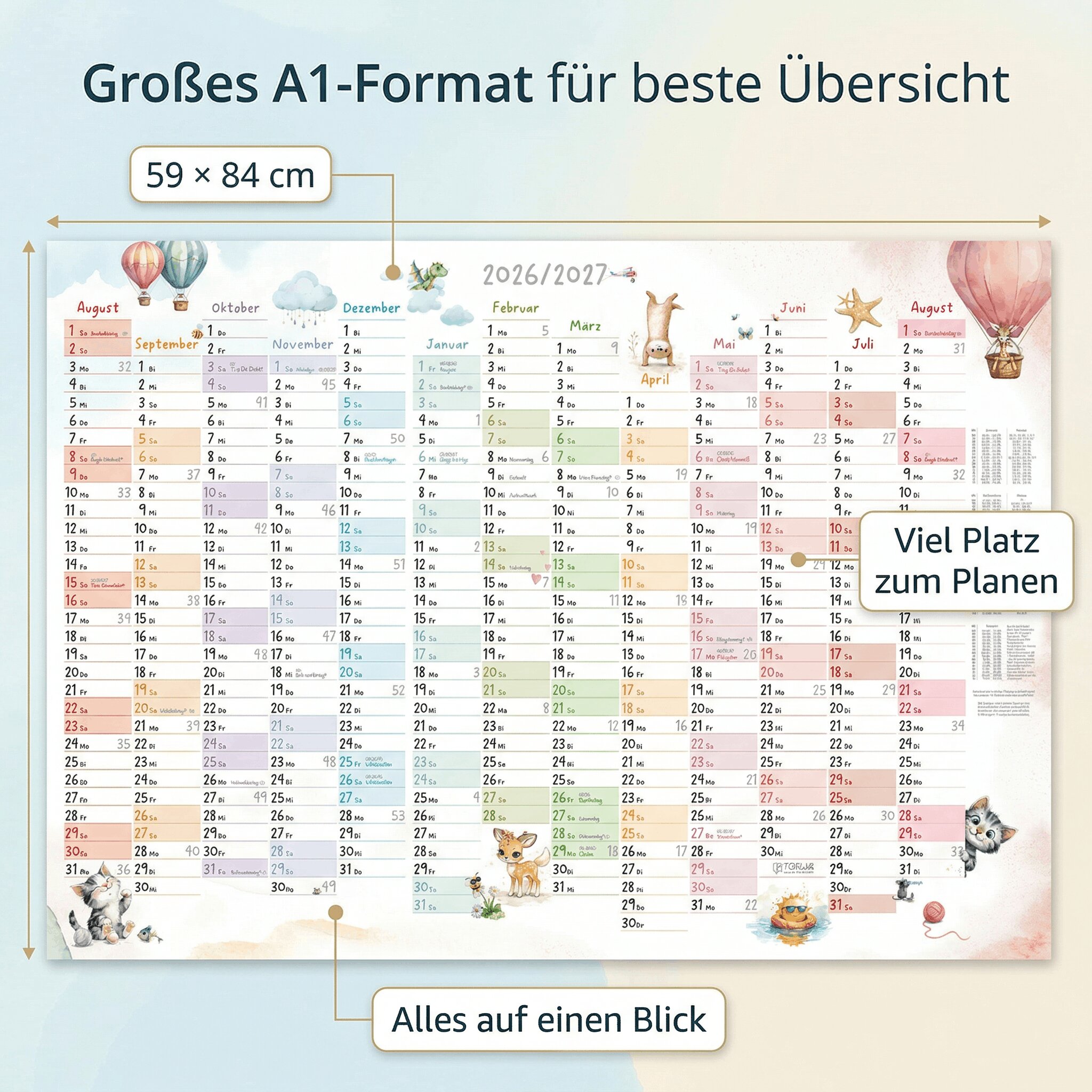 Schuljahreskalender A1 2026/2027 „Tierwelt Pastell"