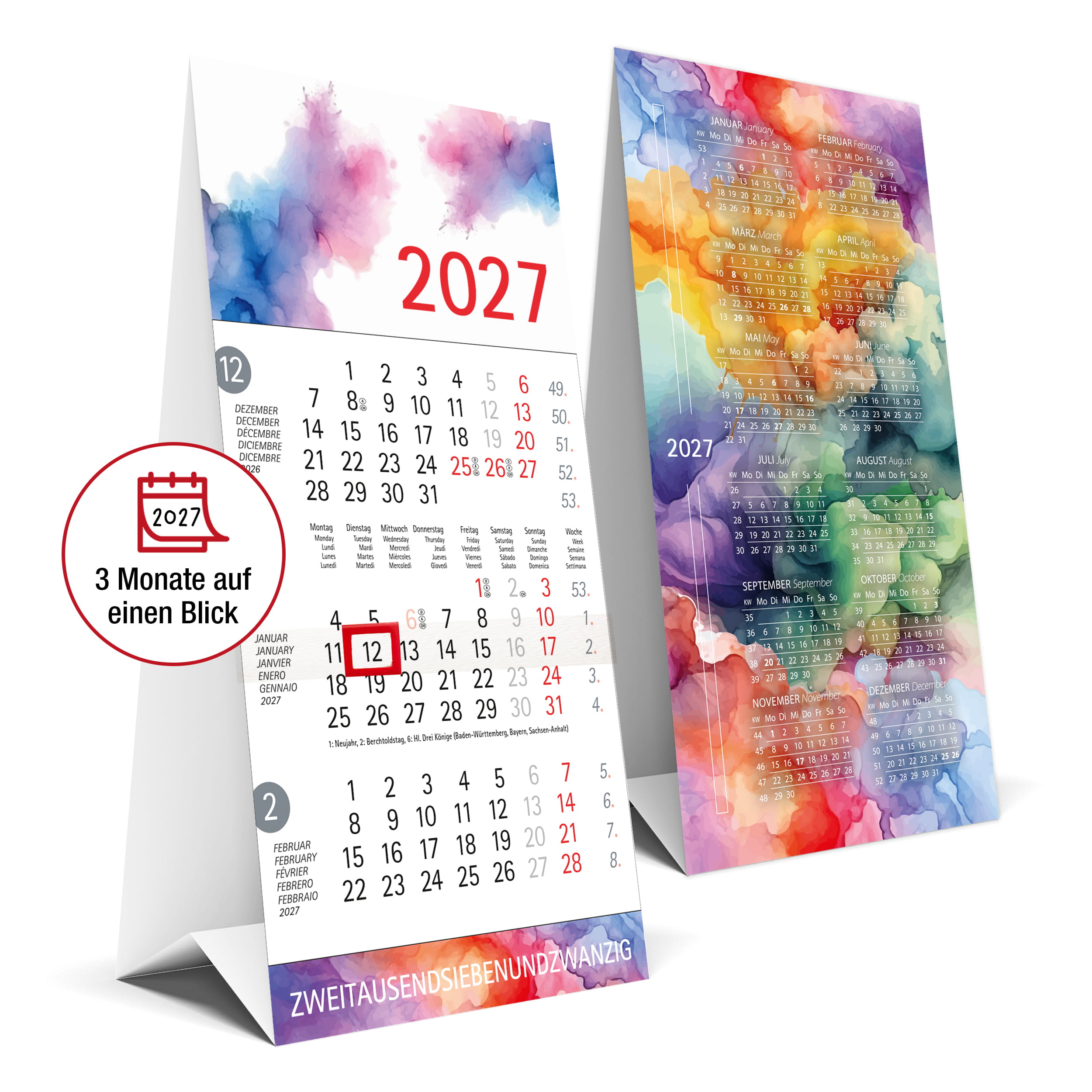 Tischkalender 2027 Aquarell – 3 Monatskalender