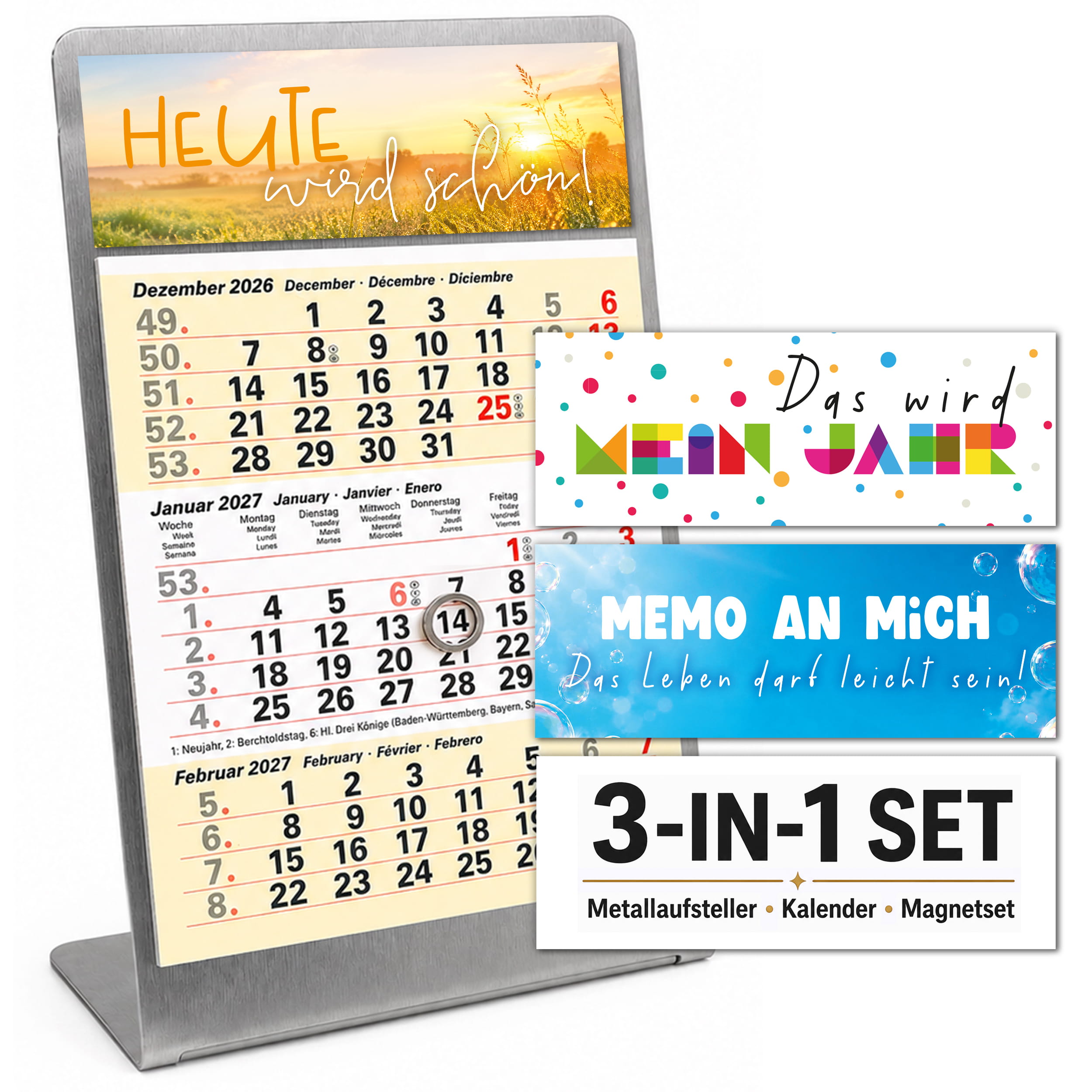 Magnet-System Sand – Komplettset 2027: Aufsteller + Kalender + Magnetset Gute Laune