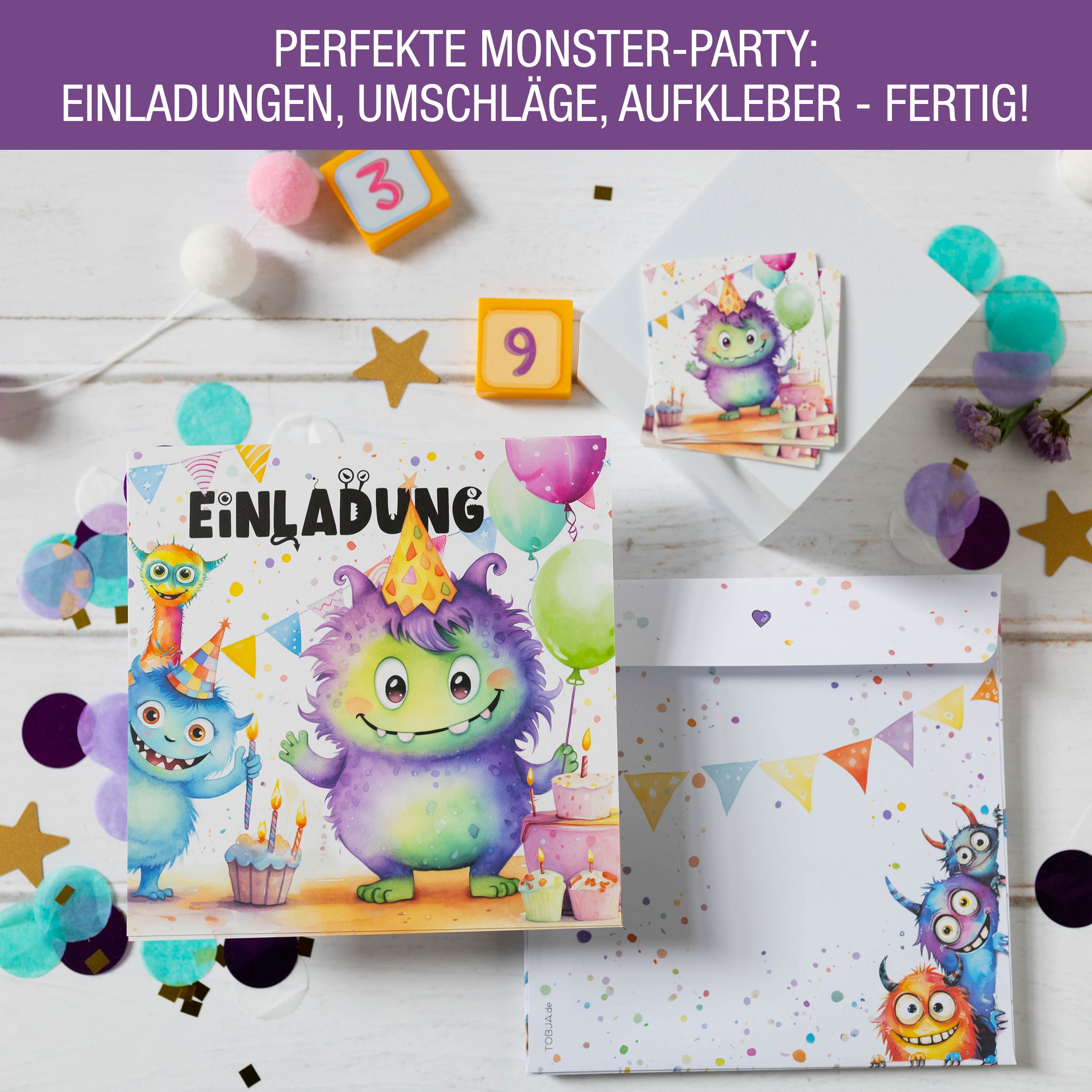 Einladungskarten Monster inkl. Sticker 10er Set