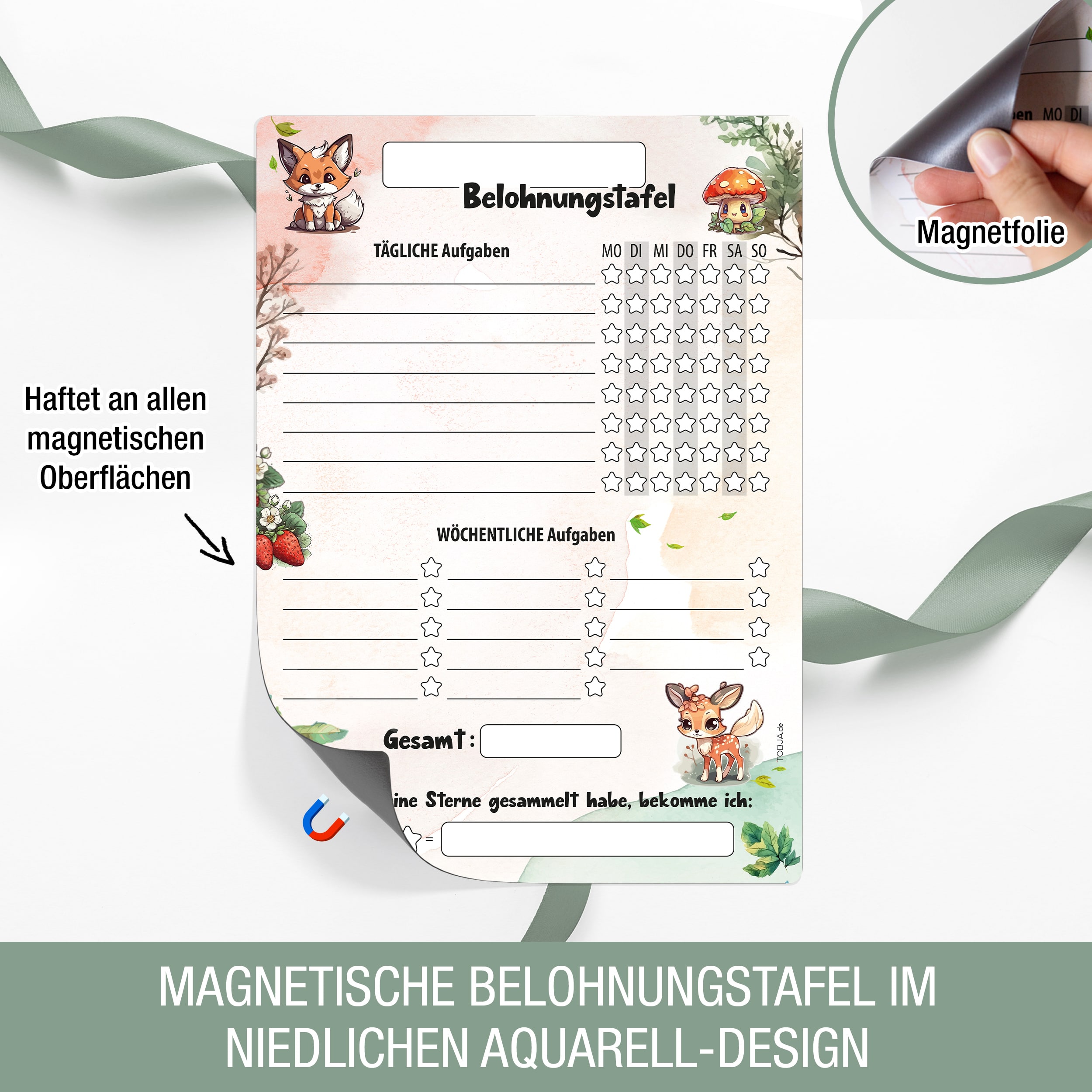 Belohnungstafel A4 magnetisch Waldtiere + 4 Markenstifte