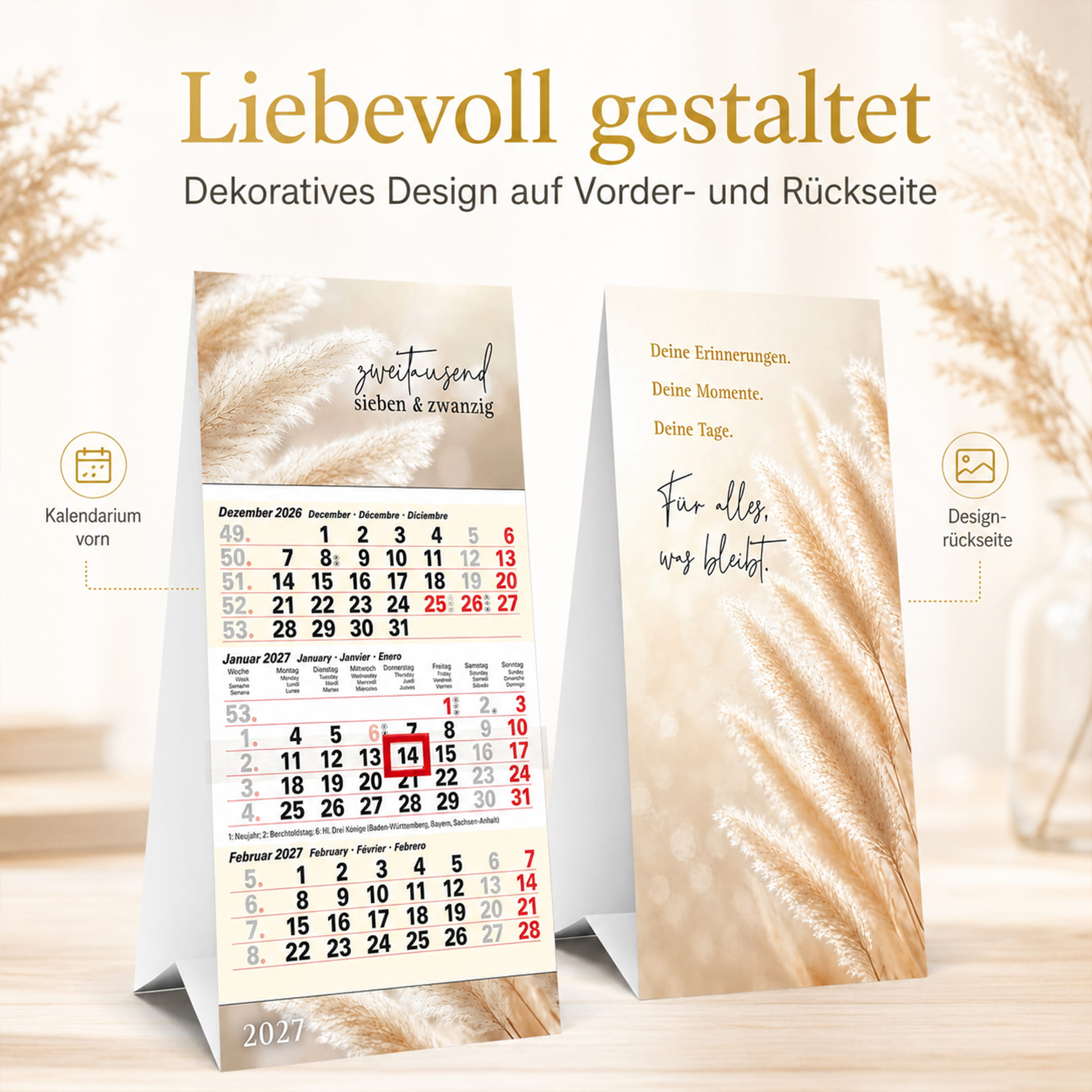 Tischkalender 2027 Pampas – 3 Monatskalender