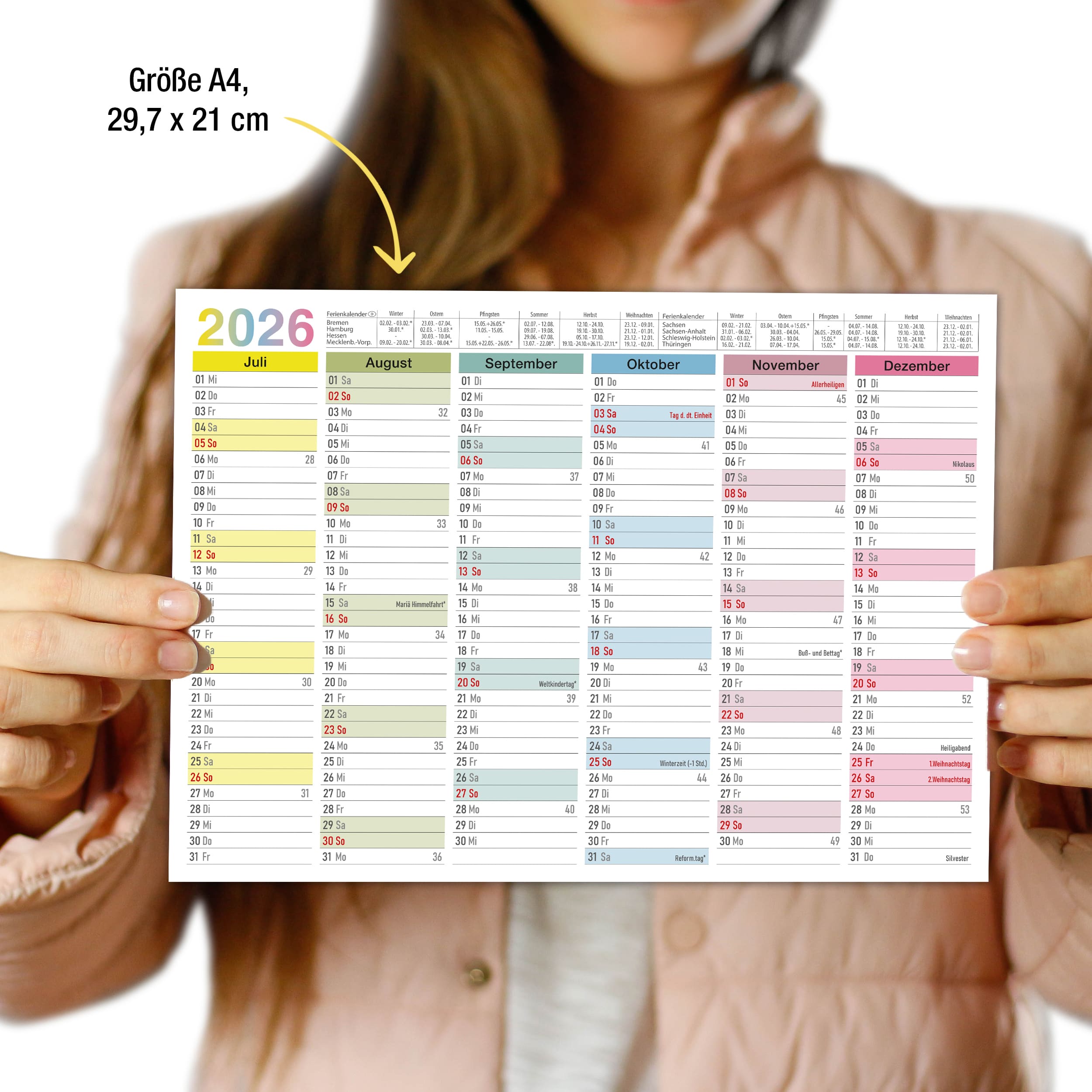 Abwischbarer A4 Tafelkalender 2026 "Bunt"  Kalender inkl 1 Stift