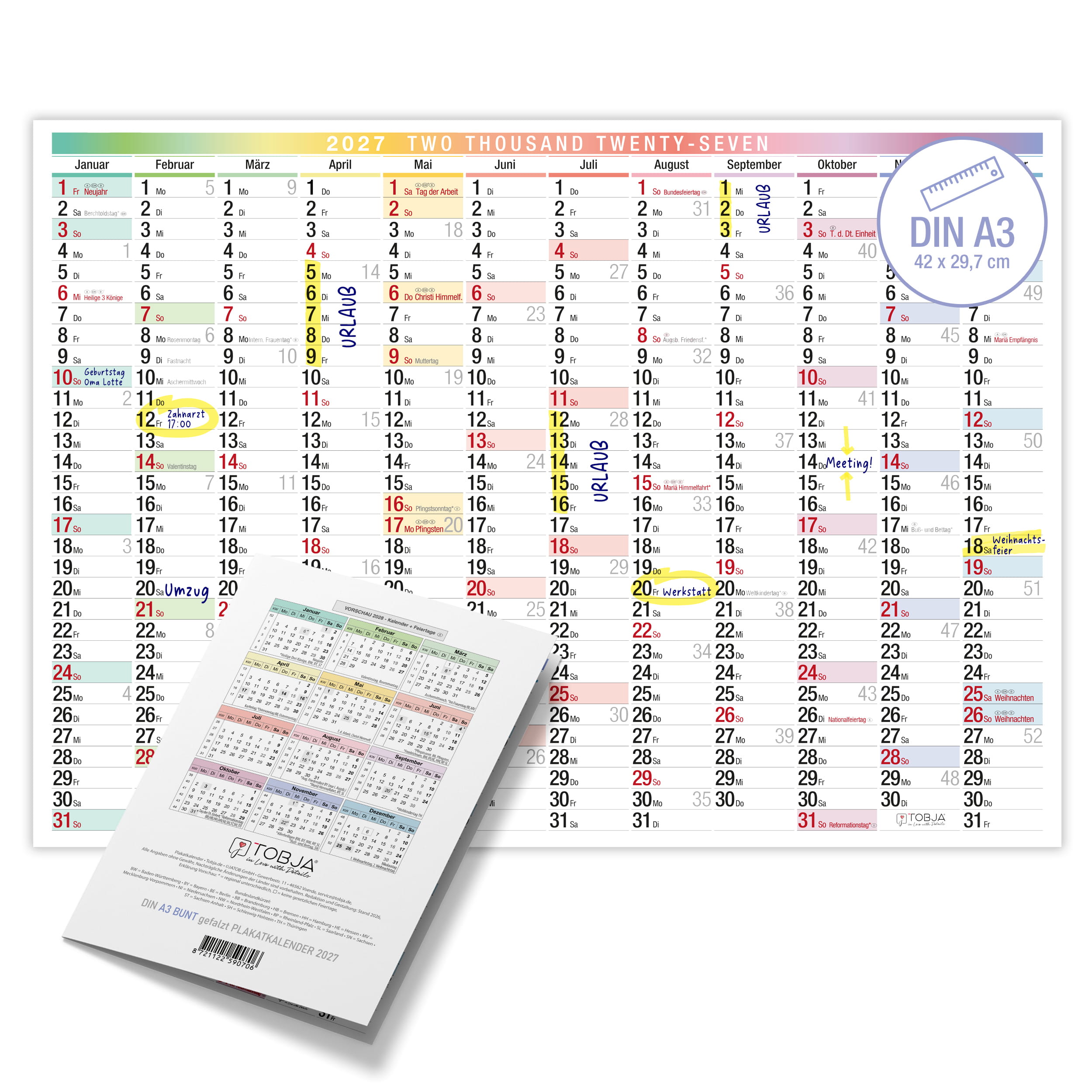 Wandkalender 2027 A3 Bunt Regenbogen