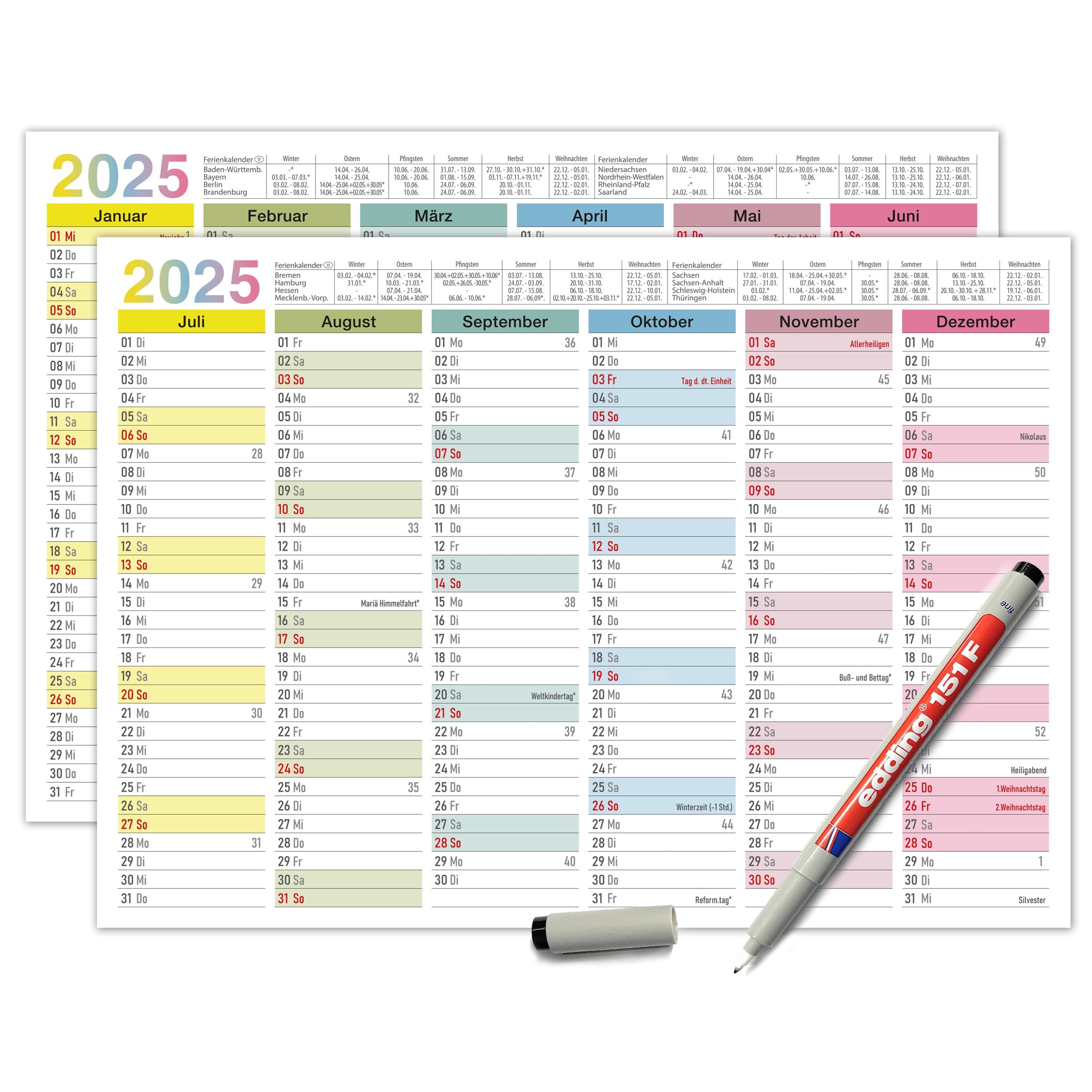Abwischbarer A4 Tafelkalender 2025 "Bunt" 