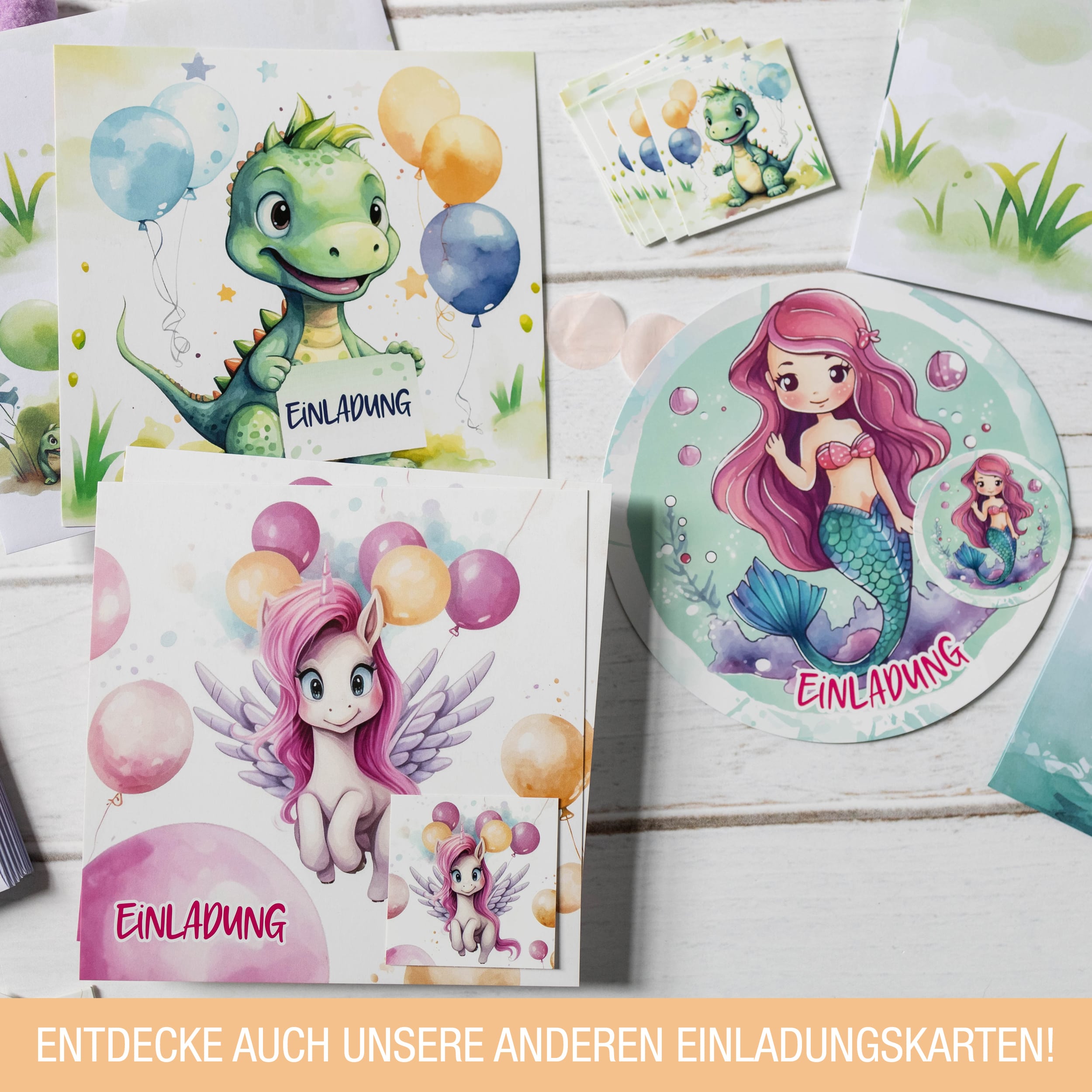 Einladungskarten Einhorn inkl. Sticker 10er Set Einladungskarten Einhorn inkl. Sticker 10er Set