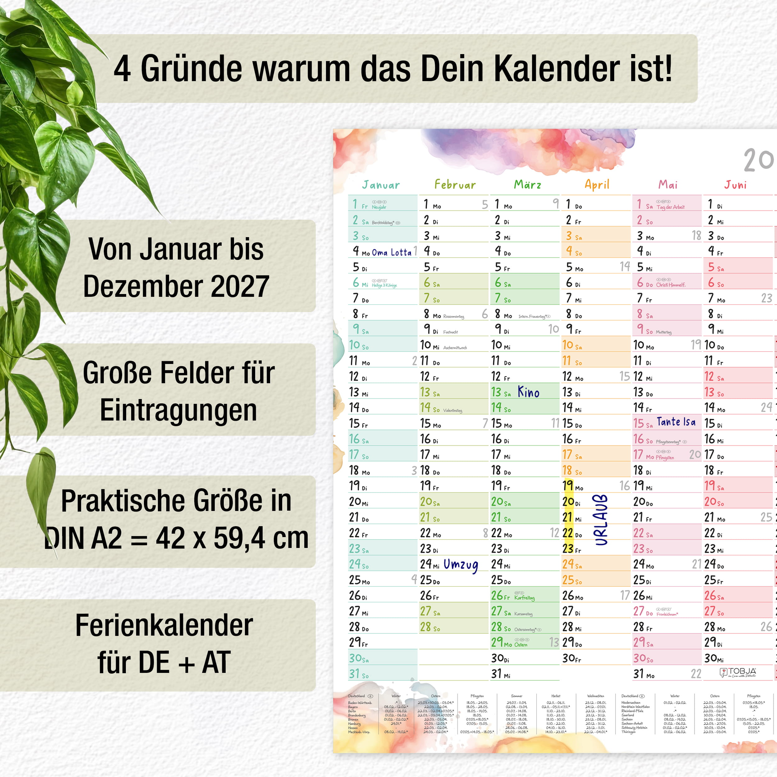 Wandkalender 2027 A2 Aquarell Splash