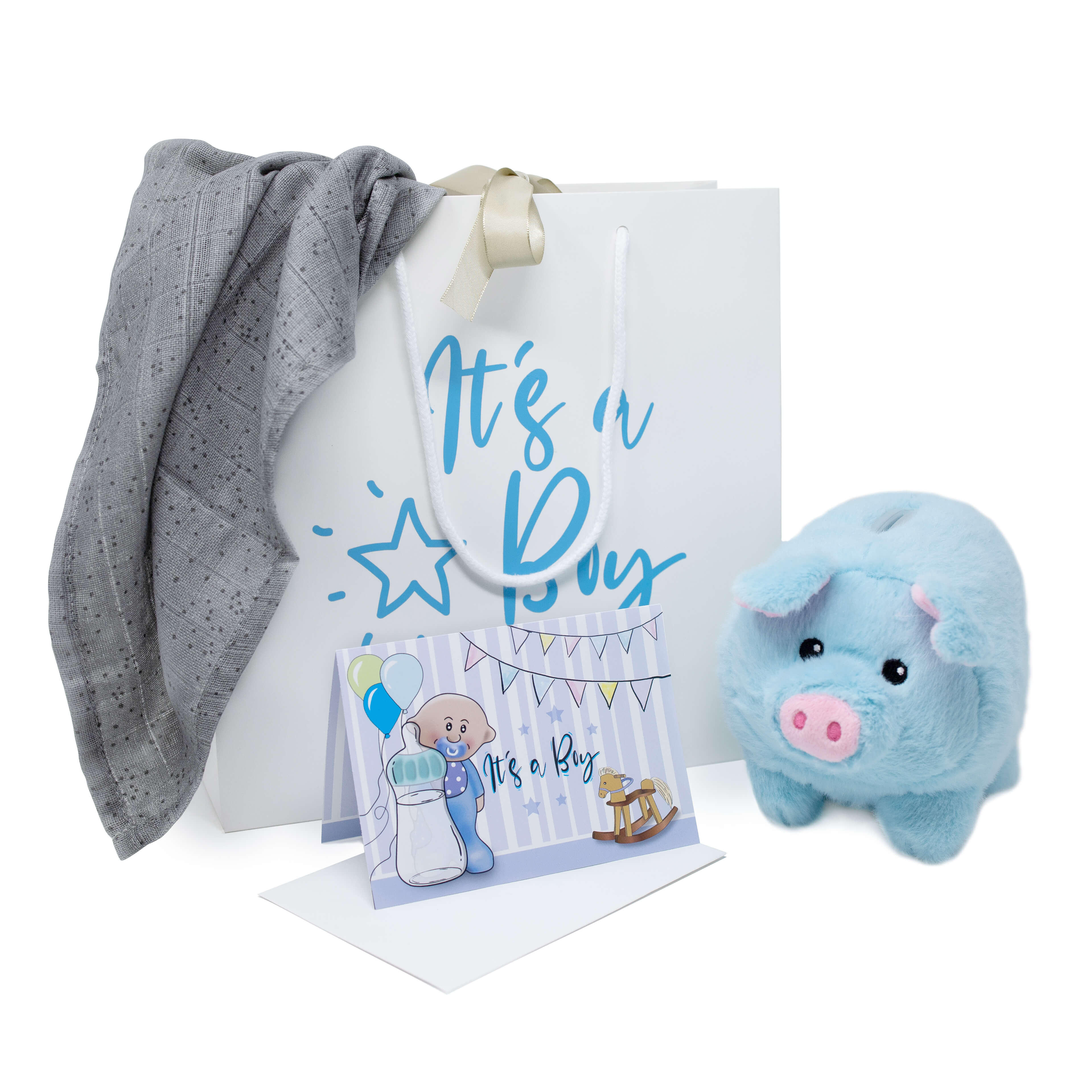 Geschenkset Geburt Junge - Plüsch Sparschwein, Karte, Mulltuch und hochwertige Tasche Geschenkset Geburt Junge - Plüsch Sparschwein, Karte, Mulltuch und hochwertige Tasche