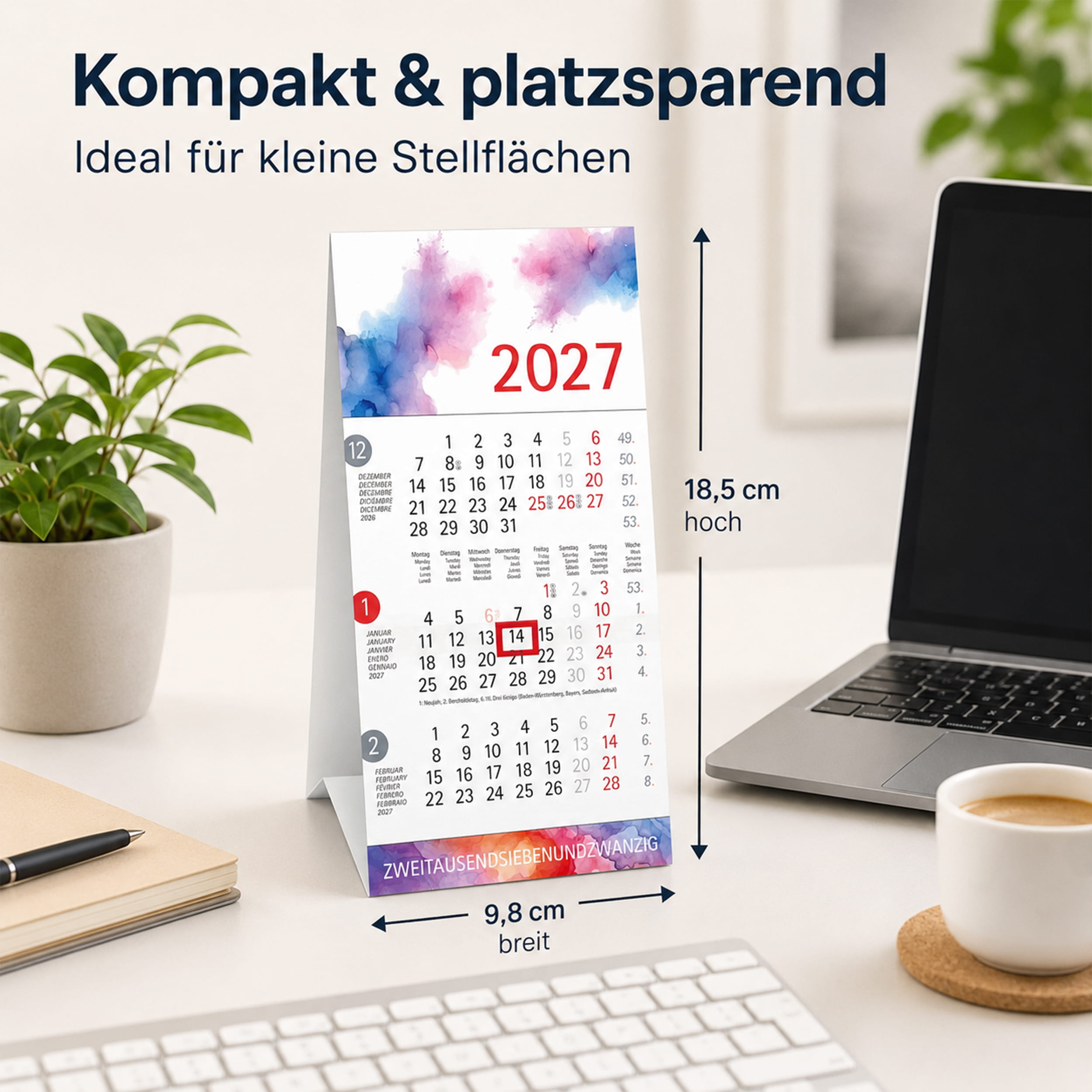 Tischkalender 2027 Aquarell – 3 Monatskalender