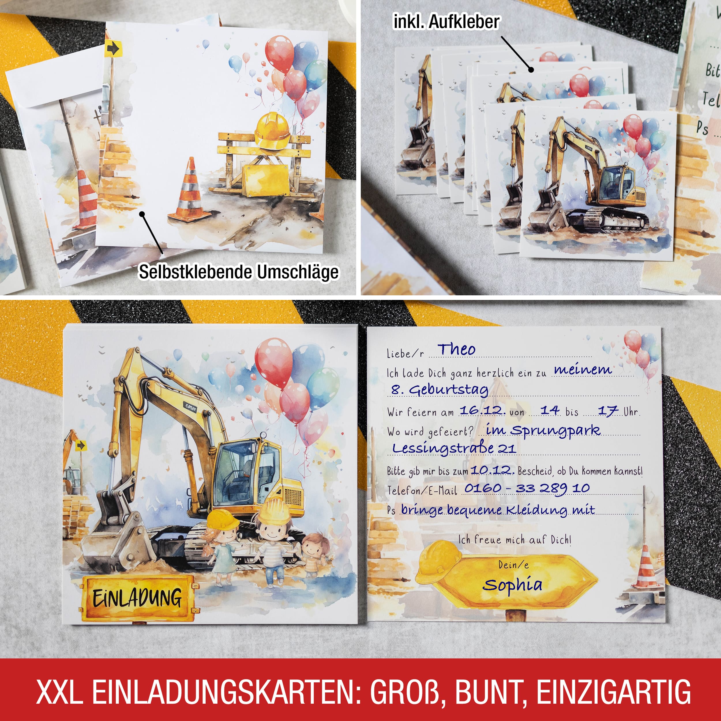 Einladungskarten Bagger inkl. Sticker 10er Set