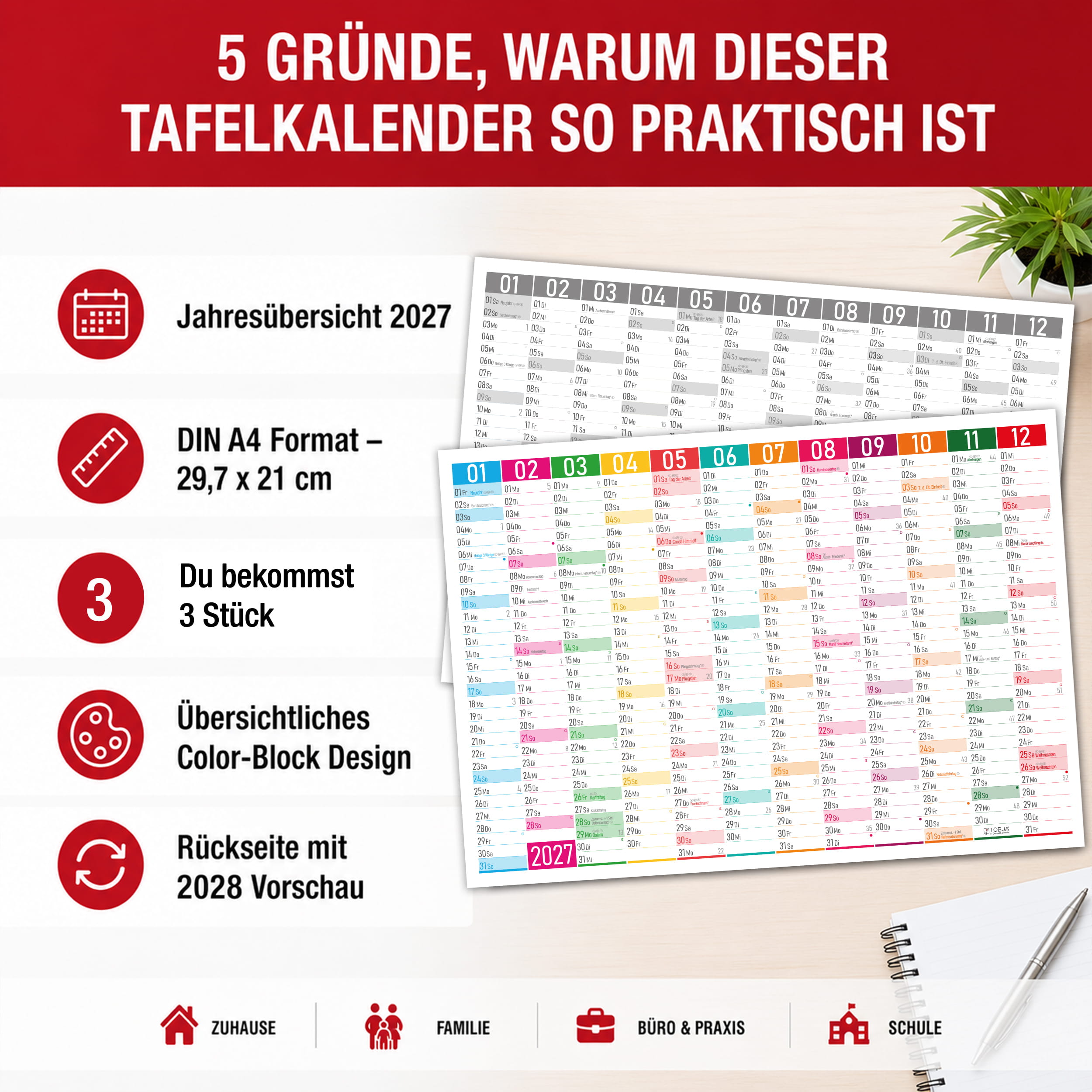 Tafelkalender 2027 Color Blocks A4 - 3er Set