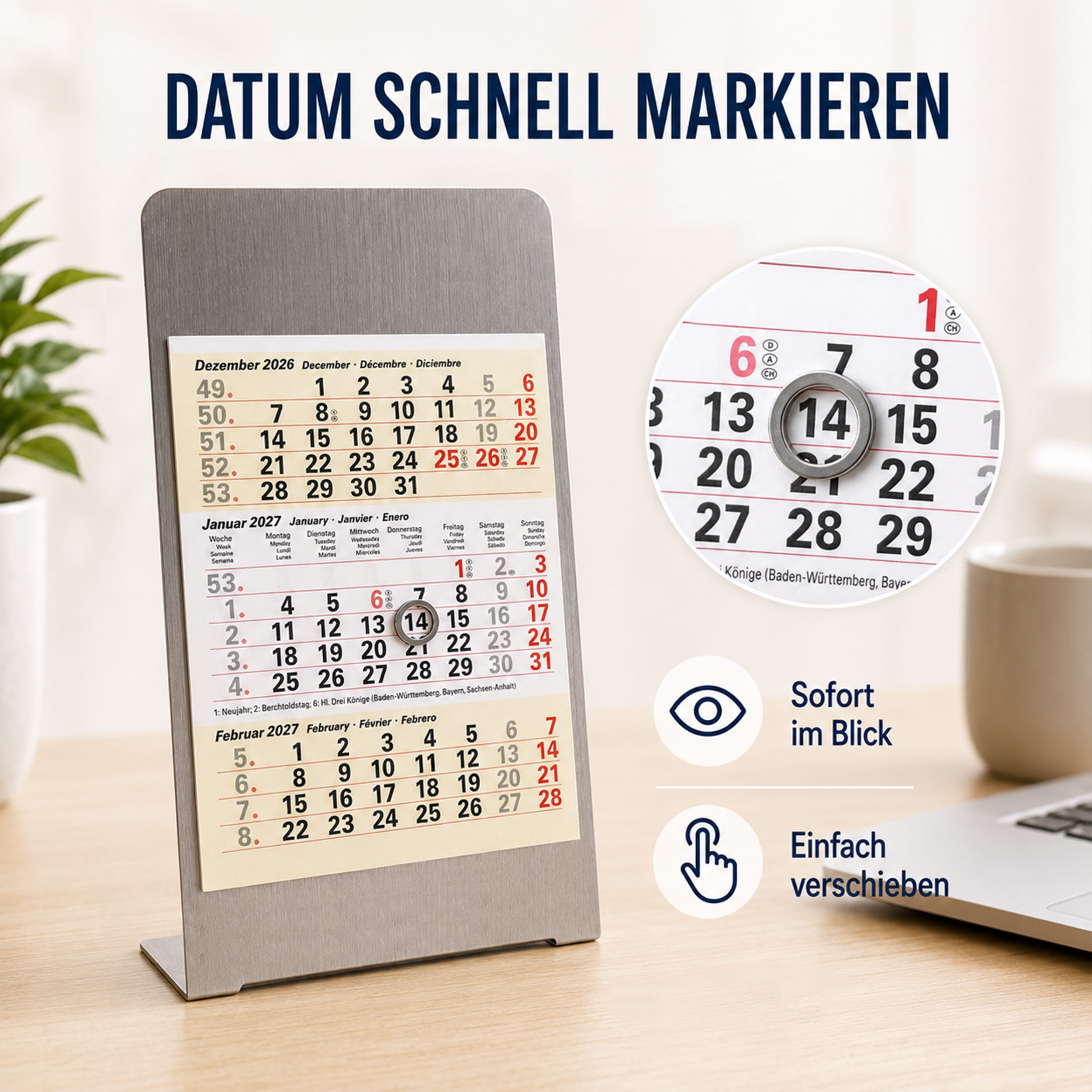Magnet-System Sand – Tischkalender 2027 mit Metallaufsteller