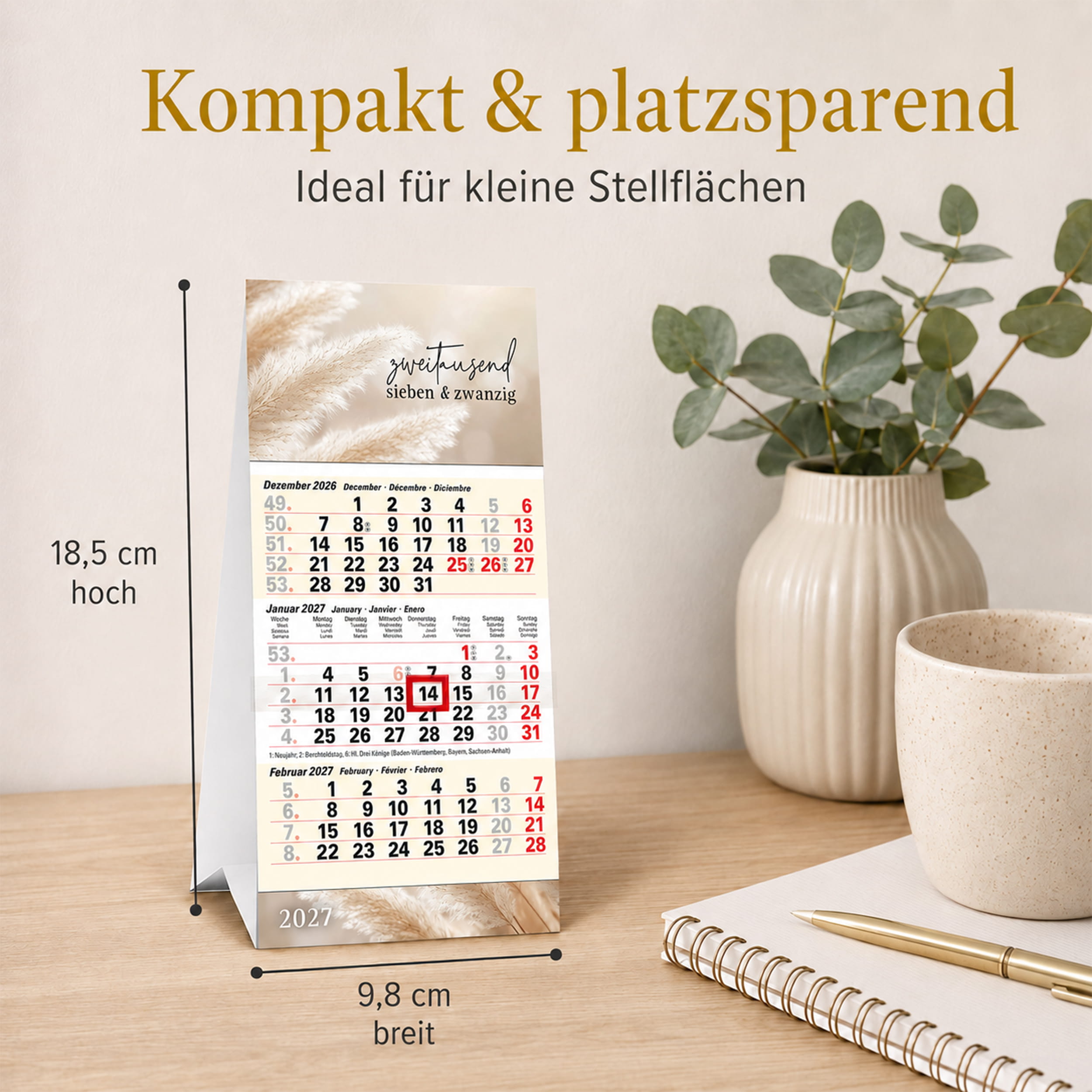 Tischkalender 2027 Pampas – 3 Monatskalender