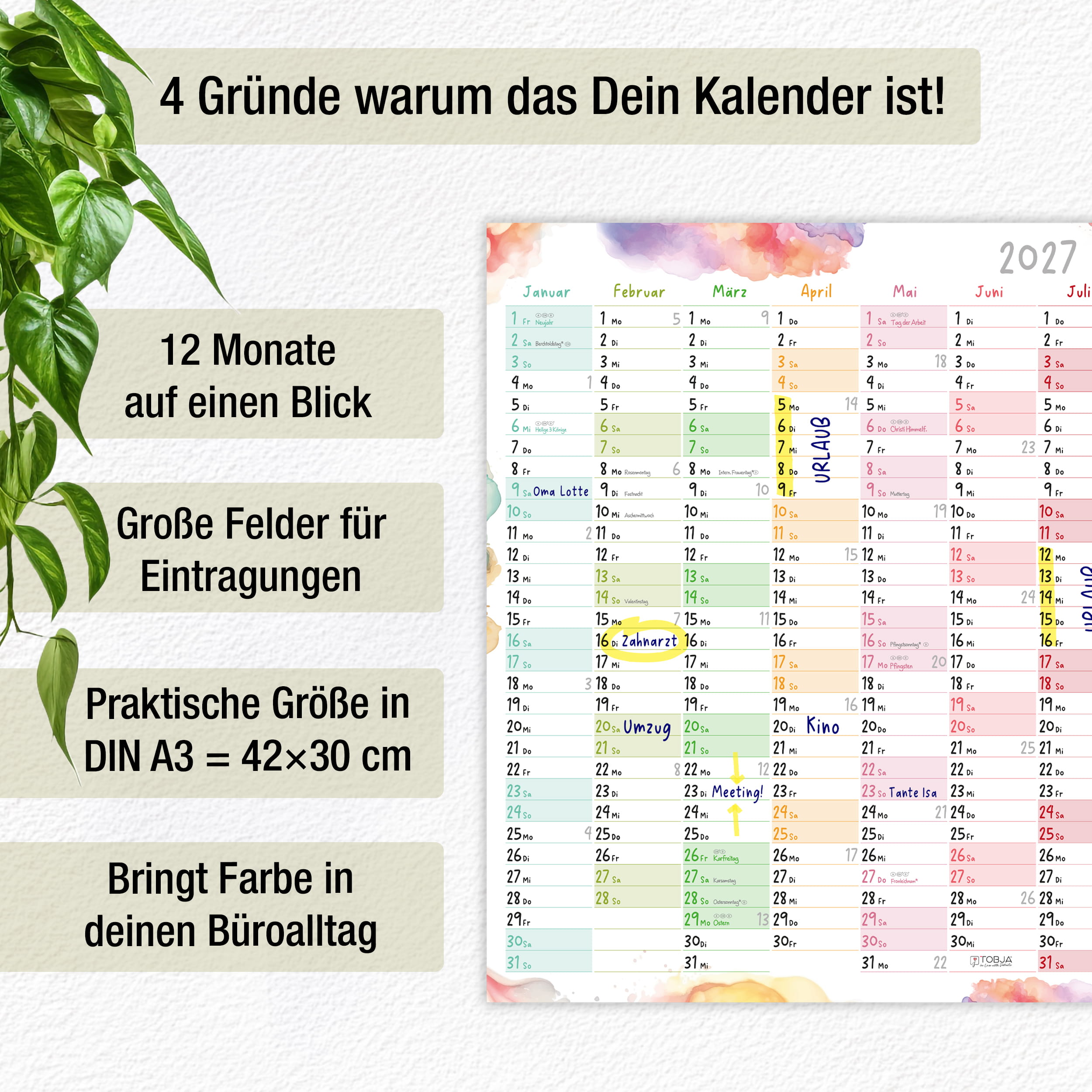 Wandkalender 2027 A3 Aquarell Splash