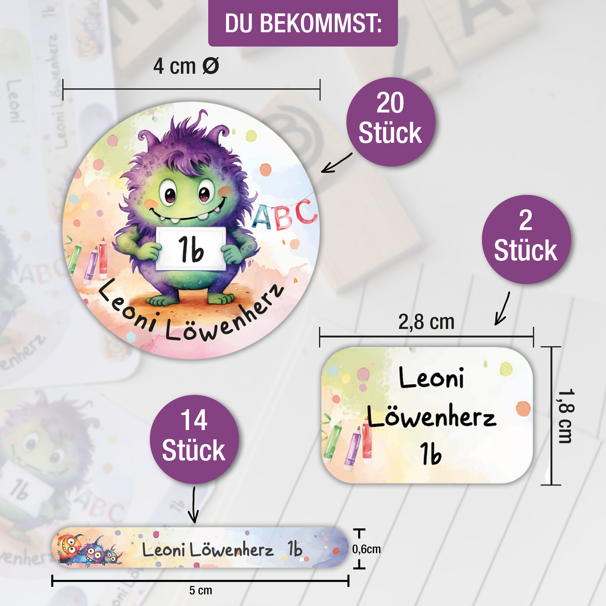 Sticker Set Monster Grundschule personalisiert Name